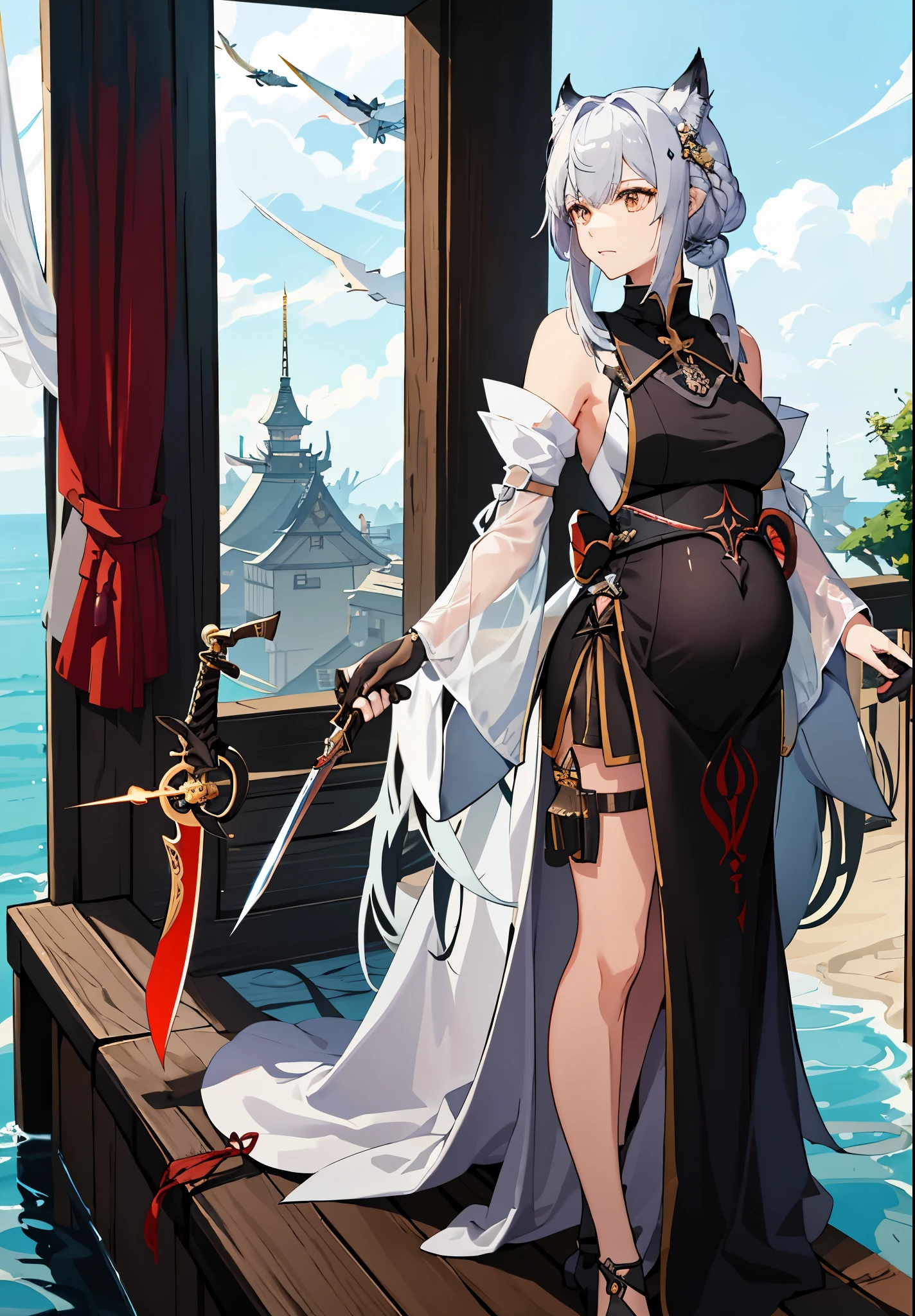 a woman in a dress holding a dagger and a dagger, video game character, from arknights, fox nobushi holding a dagger, hajime yatate, keqing from genshin impact, random haired deity, with small sword, ayaka genshin impact, female action anime girl, official character art, anime character, pregnant anime girl, fetus