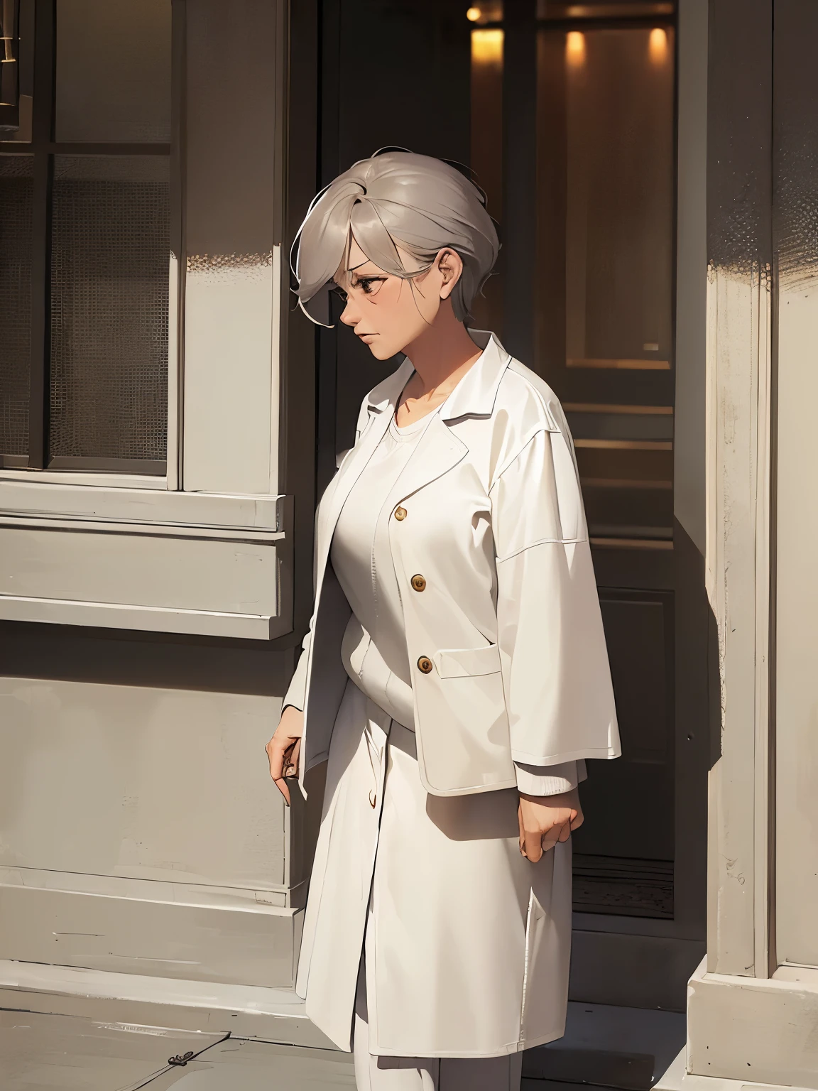 (80-year-old grandmother:1.5)、wearing a beige suit、Alone、worried look、