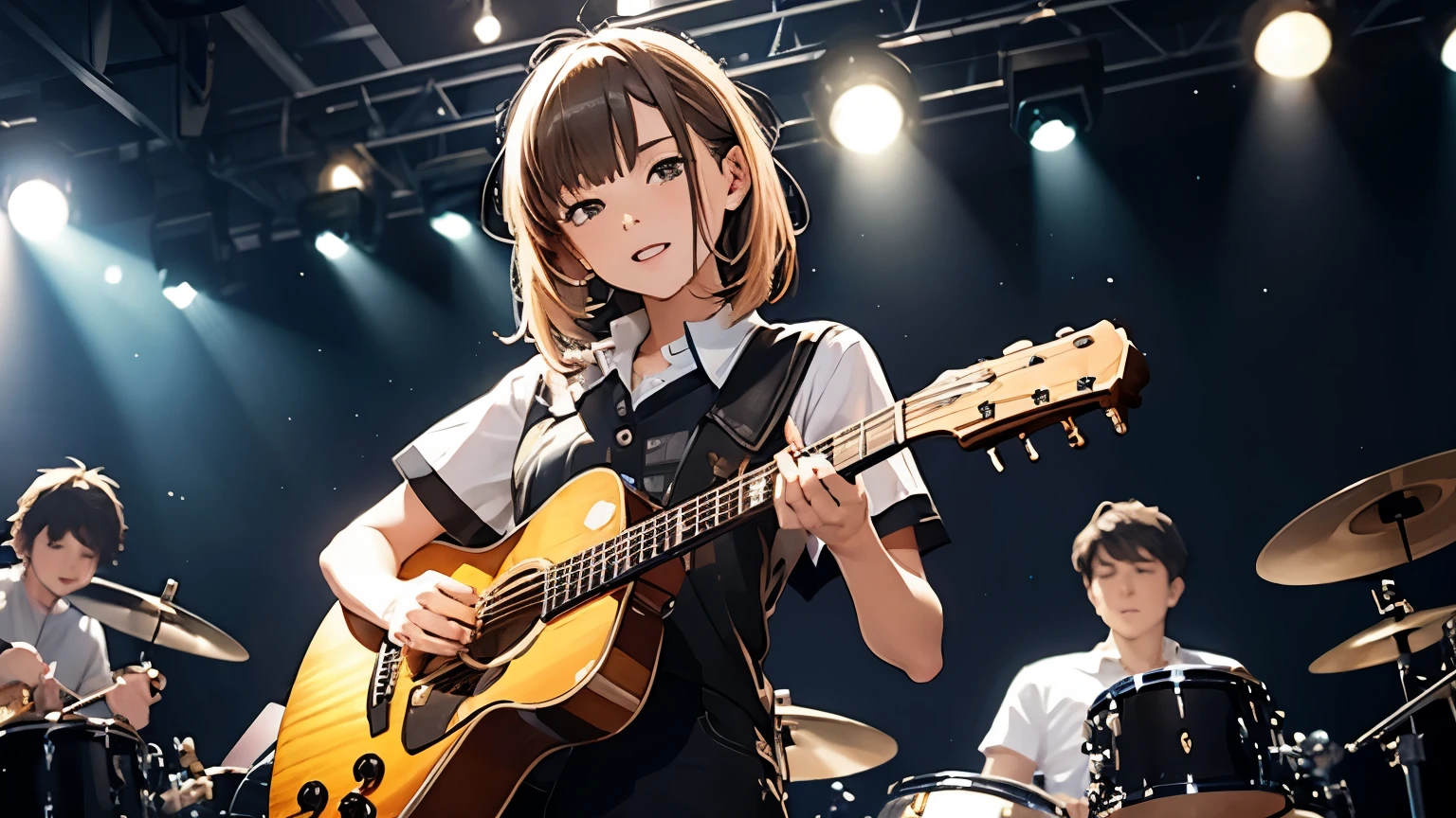 girl playing guitar with boy drumming