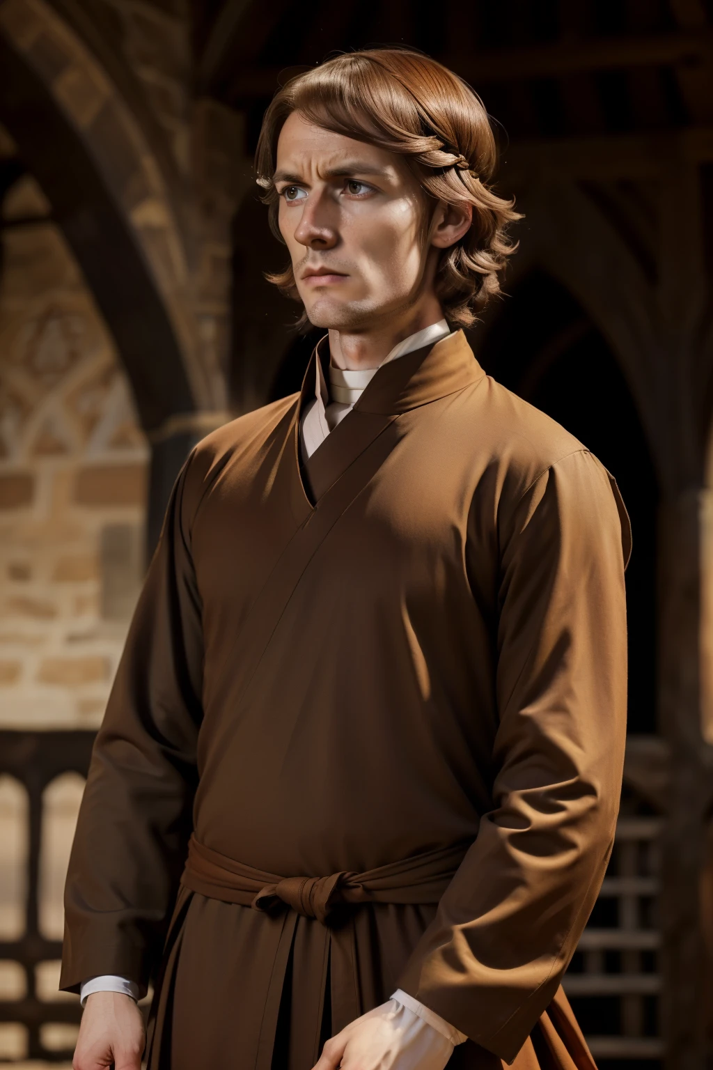 England, 1337. A young ((((31-year-old)) Godwyn)), monk, angular features, cold eyes, at the monastery, ((frustrated and angry expression)). ((((monk clothings from the 1300s)))), ((light chestnut hairstyle of the 1300s))