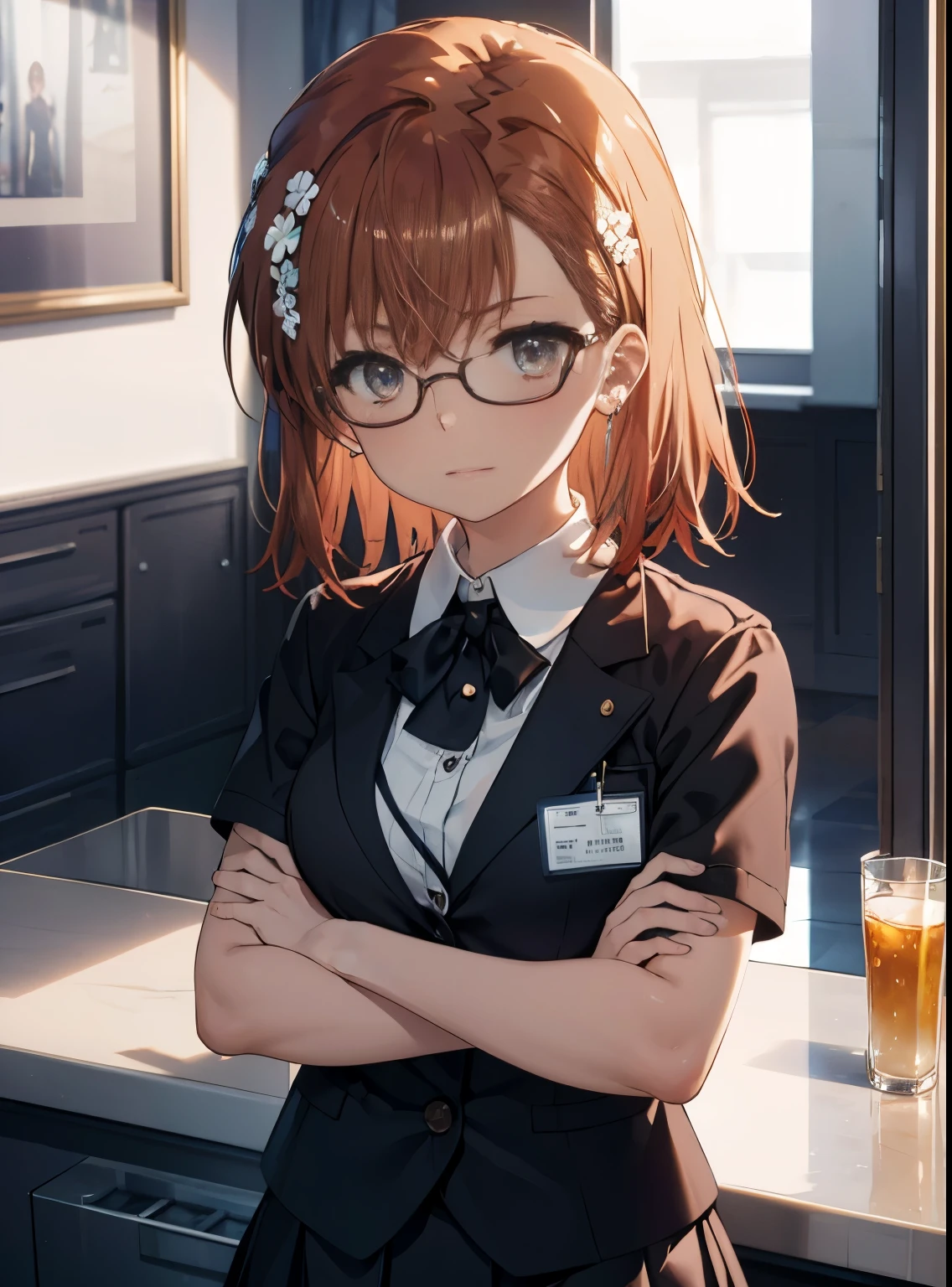 8K,highest quality,masterpiece,(((pixel perfect, Perfection in every detail))), alone, 1 girl, Misaka Mikoto, Misaka Mikoto A Certain Scientific Railgun,brown hair,long hair,flower hair ornament,smile,blush,brown ruby eyes, looking at the viewer, crossed arms, closed mouth, OL, red glasses, Fundo, black suit jacket, collared jacket, white dress shirt, collared shirt, neckline, button, strap, ID card on the neck, black skirt, black pantyhose, stiletto heels,Upper body,whole body,(masterpiece:1.2), highest quality, High resolution, unity 8K wallpaper, (shape:0.8), (beautiful and detailed eyes:1.6), highly detailed face, perfect lighting, Very detailed CG, (perfect hands, perfect anatomy),