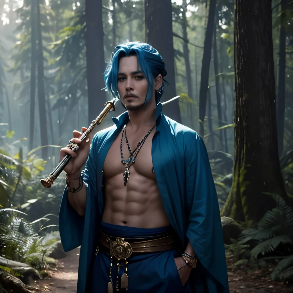 man, a half genie, Air , blue hair , Johnny Depp&#39;s face , standing in the woods, the flute 