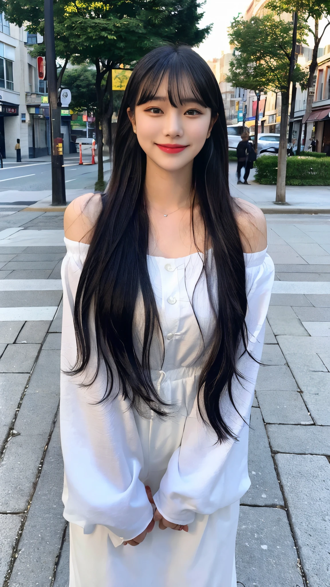 (8 thousand、top quality、masterpiece:1.2)、(realistic、realistic:1.9)、(smile:0.2)、medium chest、beautiful and delicate eyes、Full Body Sbian、(solo:1.8)、(look at the audience:1.3)、hair on wet hair、Smiling on a quiet street in the park、shoulder height short hair、The end of the hair touches the shoulder and then bounces up in a U shape.、Loose curly hair,、Light bangs、I have bangs、Beautiful black haired woman in her 20s。Oh my god it's so cute.、There is a sophisticated atmosphere。walking on the white sidewalk,、He looked around gracefully...、Unlike the busy atmosphere of the city、、、、、、Radiates quiet beauty。그녀의 smile는 주변 사람들에게도 있다々it is indicated々It goes on to々This is、々This is、々This is、々Gives you a happy feeling, Hip Hop Fashion