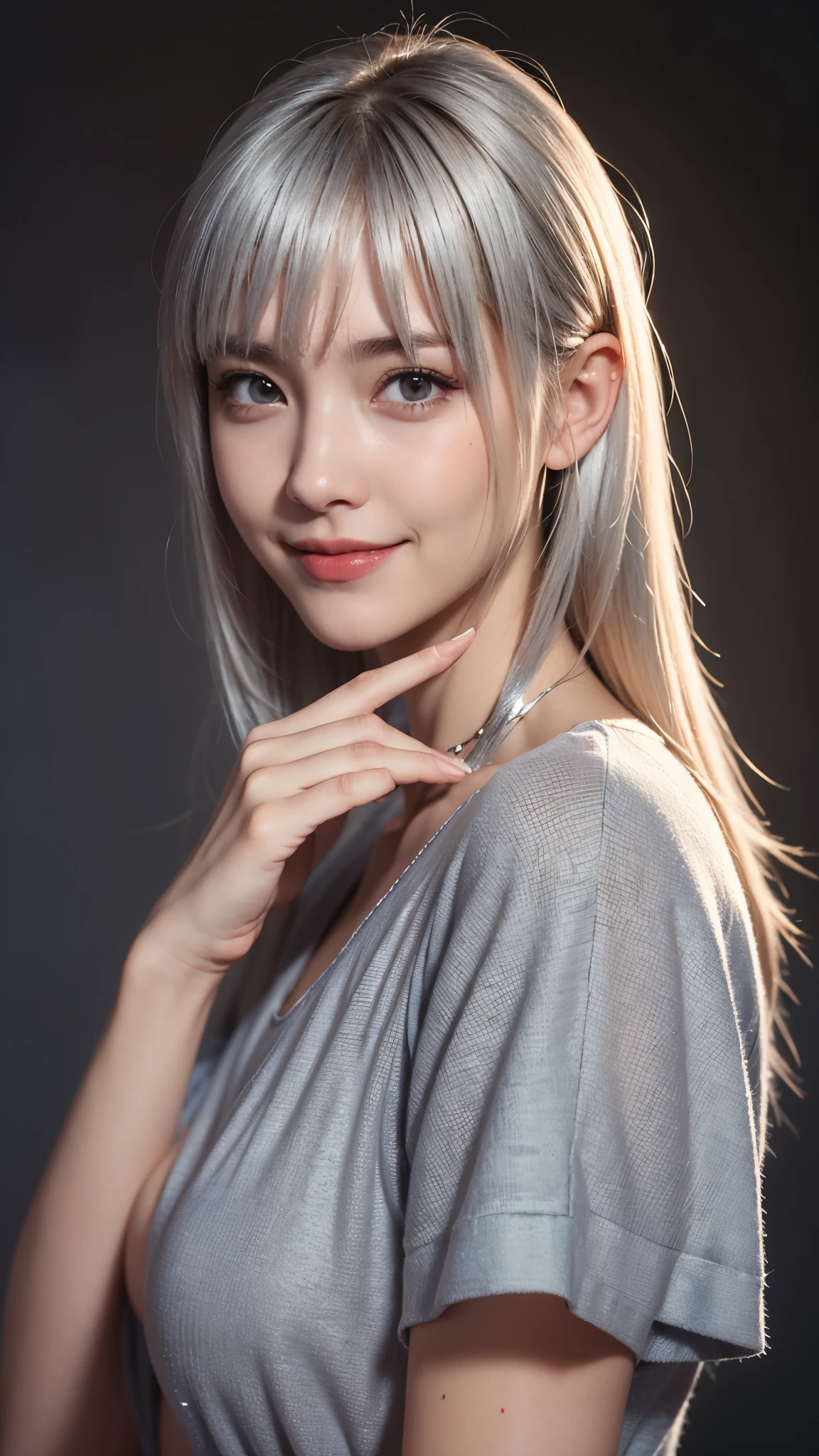 high quality,8K,high resolution,woman,1 personality,tall,realistic texture,Muchimuchi,cute smile,whole body,silver hair,(),(),(),,,,,
