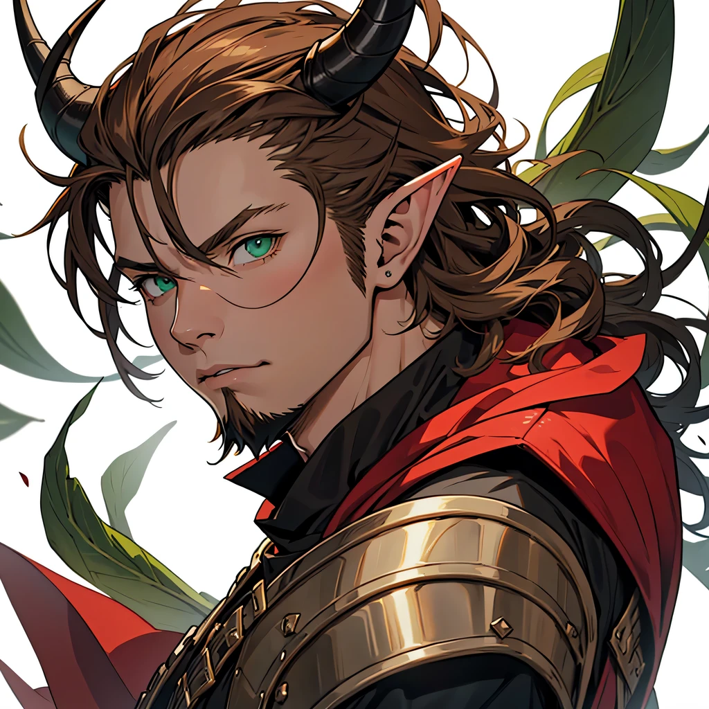 anime, masterpiece, best quality, by professional artist, male, solo, portrait, detailed composition, detailed eyes, white background, detailed hair, spiky brown hair, dragon horns, green eyes, wearing red and black medieval armor with a goatee and elf ears