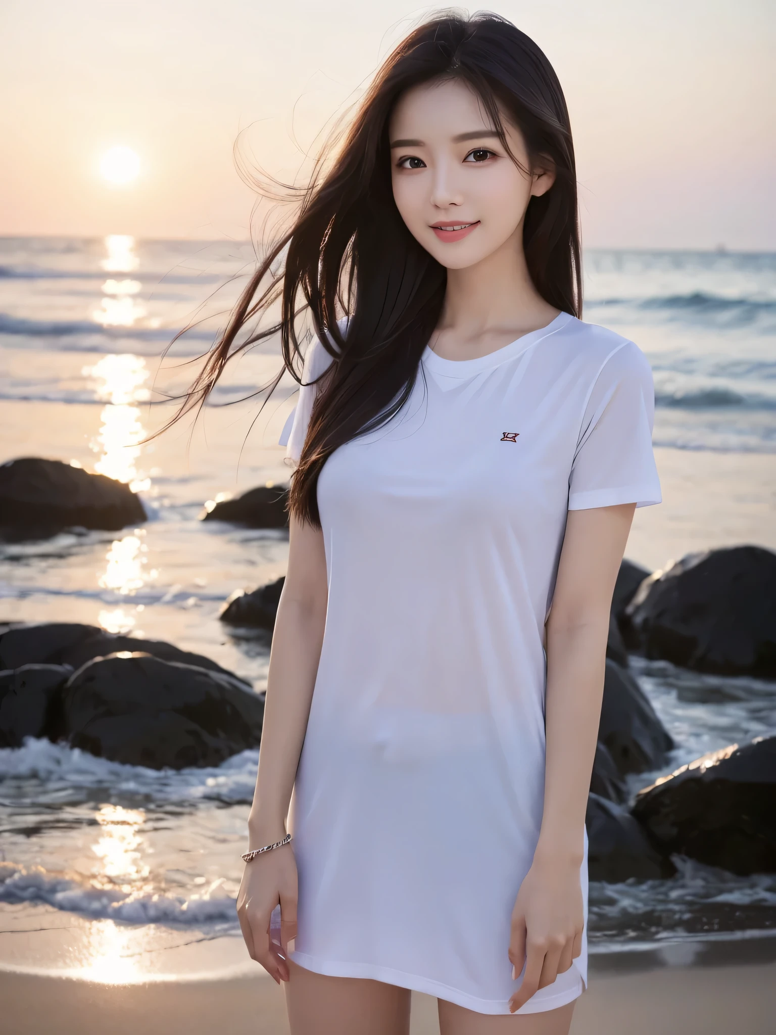 highest quality, figure, super detailed, finely, High resolution, 8k wallpaper, 完璧なダイナミックな構figure, beautiful skin, (big eyes), 20 year old beautiful girl, natural color lip, (sexy pose), mid chest, smile, Highly detailed face and skin texture, Detailed eyes, Double eyelid,leaking teeth and laughing, close-up, from behind, medium brown hair, (red cutter shirt:1.2), seaside