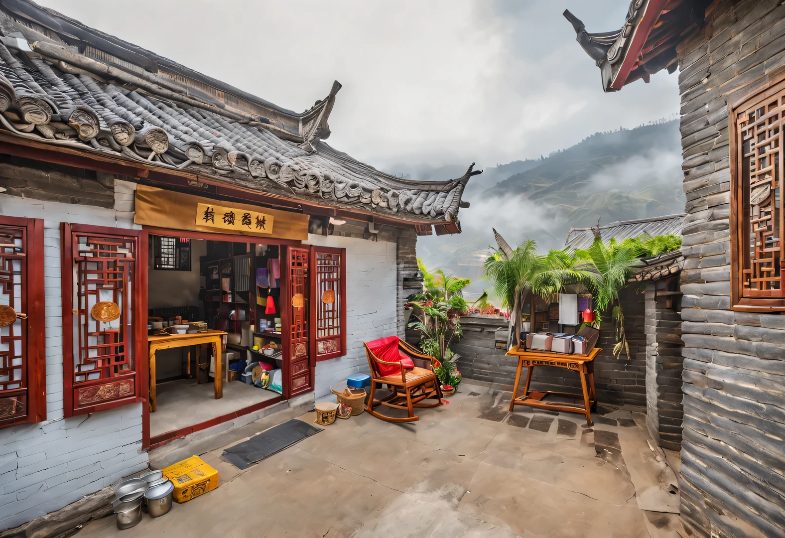 A small courtyard in rural China，There is an old wooden house inside，The cabin is a canteen，There are three words written on the door of the house &Quote;commissary&Quote; It says.，There is an old rocking chair outside the house，a chinese old lady, Wang Yumei, sitting in rocking chair，smiling，There are wooden shelves in the house，It’s stuffed with all kinds of snacks，The background is the mountains of Yunnan，shrouded in mist，aerial photography，illustration，fresh，peaceful，Chinese New Year festive atmosphere