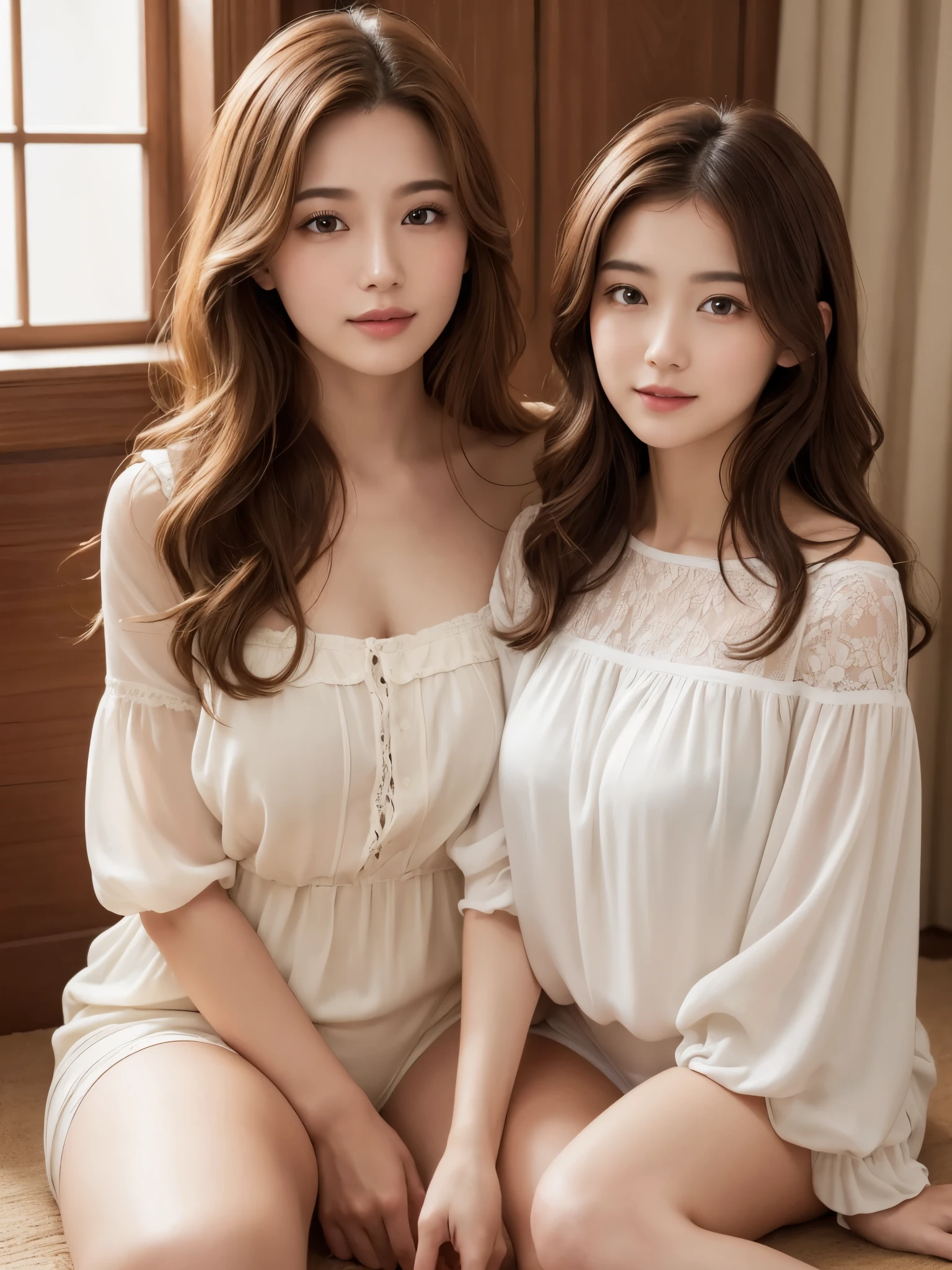 (8K, top-quality, masterpiece: 1.2), (realistic, Photorealistic: 1.2),
A scene of an older sister and her younger sibling,
Sitting quietly in a room,
Wearing comfortable underwear,
The older sister's big breasts subtly visible through her loose blouse,
Her gentle smile radiating warmth and protection,
Detailed facial features, (1.5 detailed face),
Long, wavy chestnut hair cascading down her shoulders,
Creating an inviting and soothing atmosphere.