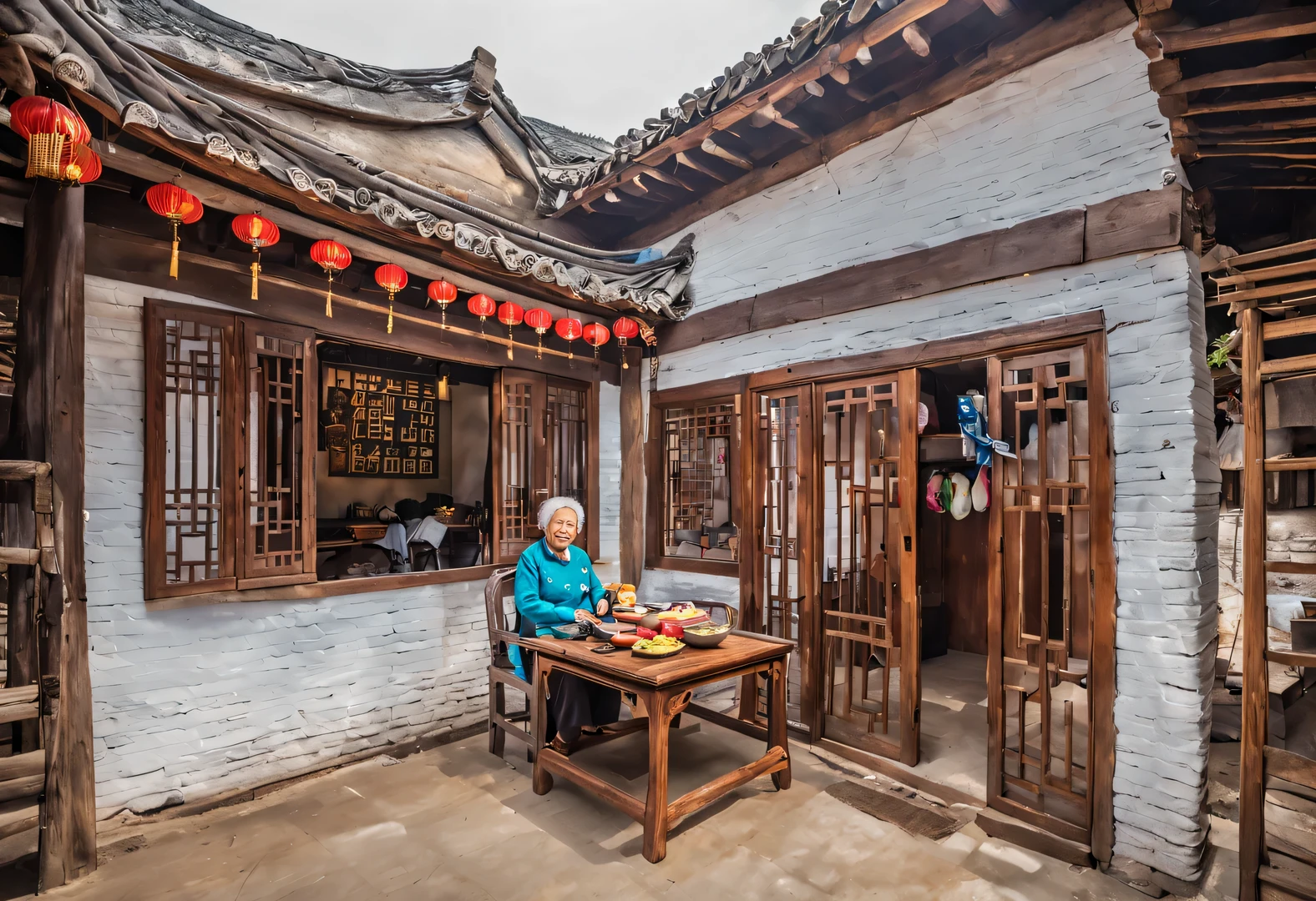 A small courtyard in rural China，There is an old wooden house inside，The cabin is a canteen，There are three words written on the door of the house &Quote;commissary&Quote; It says.，There is an old rocking chair outside the house，a chinese old lady, Wang Yumei, sitting in rocking chair，smiling，There are wooden shelves in the house，It’s stuffed with all kinds of snacks，The background is the mountains of Yunnan，shrouded in mist，aerial photography，illustration，fresh，peaceful，fireworks，fireworks，Chinese New Year festive atmosphere