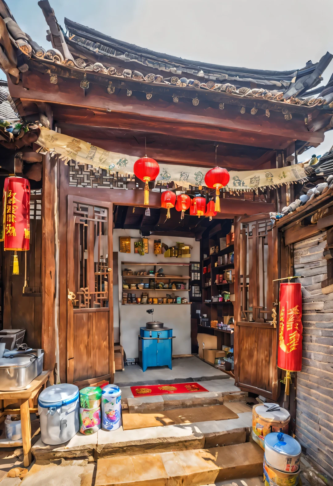 A small courtyard in rural China，There is an old wooden house inside，The cabin is a canteen，There are three words written on the door of the house &Quote;commissary&Quote; It says.，There is an old-fashioned Chinese chair outside the house，a chinese old lady, Wang Yumei, sitting in rocking chair，smiling，There are wooden shelves in the house，It’s stuffed with all kinds of snacks，The background is the mountains of Yunnan，shrouded in mist，aerial photography，illustration，fresh，peaceful，fireworks，fireworks，Chinese New Year festive atmosphere