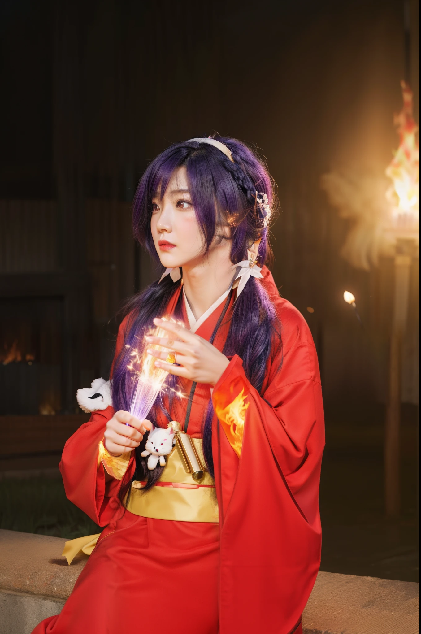 ((Asian girl)), her standing in the park:1.2, there is a woman in a red kimono holding a sparkler, kitsune holding torch, anime girl cosplay, anime cosplay, casting fire spell, fox nobushi, cosplay photo, fire mage, firework, female mage conjuring a spell, fireworks, cosplay, the sorceress casting a fireball, casting a fire spell, fire spell, professional cosplay, 4K, realistic texture, photorealistic:1.6, photo raw:1.66, high-quality, ultra quality:2, super realistic:2, ((real hair:1.633)), ((perfect face)), REAL SKIN:1.62, (purple hair:1.163)