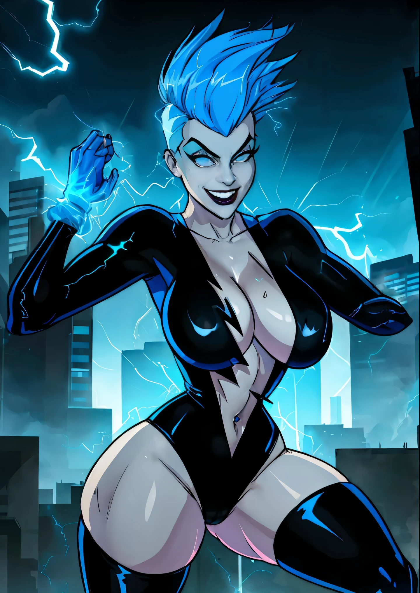 Livewire,blue punk hair,blue eyes smiling,pale skin, leotard,black thighhighs,blue gloves,black elbow gloves,thigh boots,cleavage,thighs,electricity,lightning,night city,, blue nipples, navel, sweat, wide hips, thick thighs (insanely detailed, beautiful detailed face,beautiful detailed eyes, masterpiece, best quality),