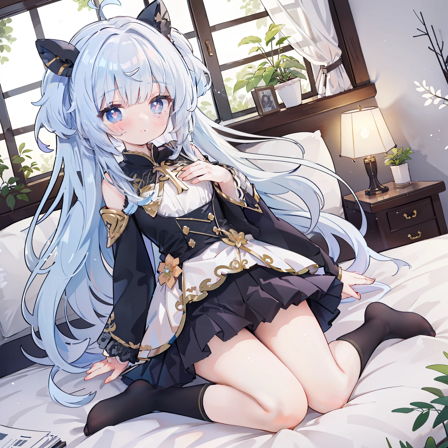 (best quality,8k,high resolution,masterpiece:1.2),super detailed,lifelike,CG wallpaper,Excellent, Beautiful and delicate face, 1 girl, alone, cross shaped pupils, Default attire, Everlasting,Kneel on the bed,Put your hands between your thighs,blush,White