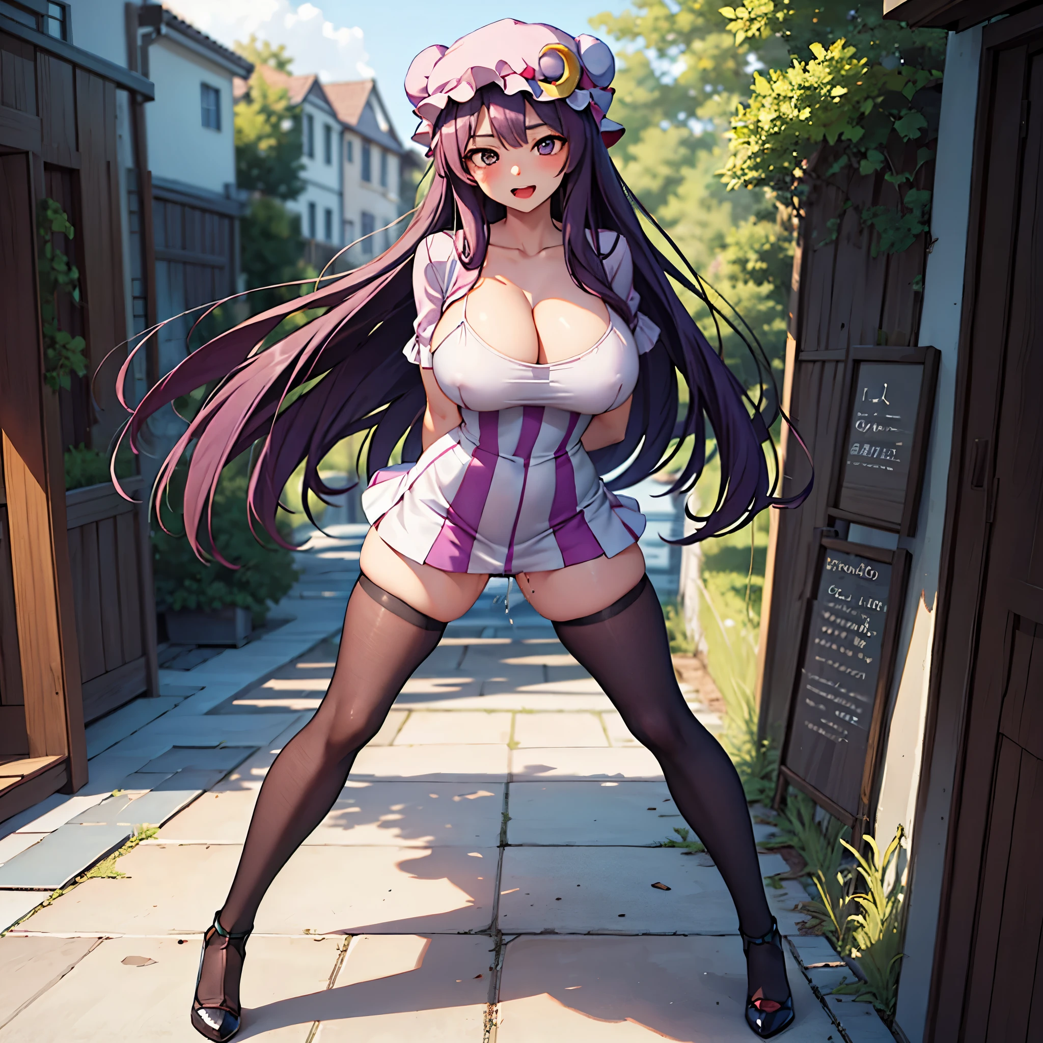 (Patchouli toho character), (standing at lakeside forest), outside, (standing with open legs wide:1.6), (thin arms behind back:1.3), (bending back:1.2), tiptoe, (pigeon toed), BREAK, (disproportionately gigantic huge perky breasts:1.3), cleavage, bouncing breasts, inconceivably thin waist, very short thin torso, (thin long legs apart:1.3), BREAK, very short miniskirt, thigh gap, (black thighhighs:1.2), highheels, BREAK, smile for viewer, open mouth, nose blush, full body, (pussy juice:1.2)