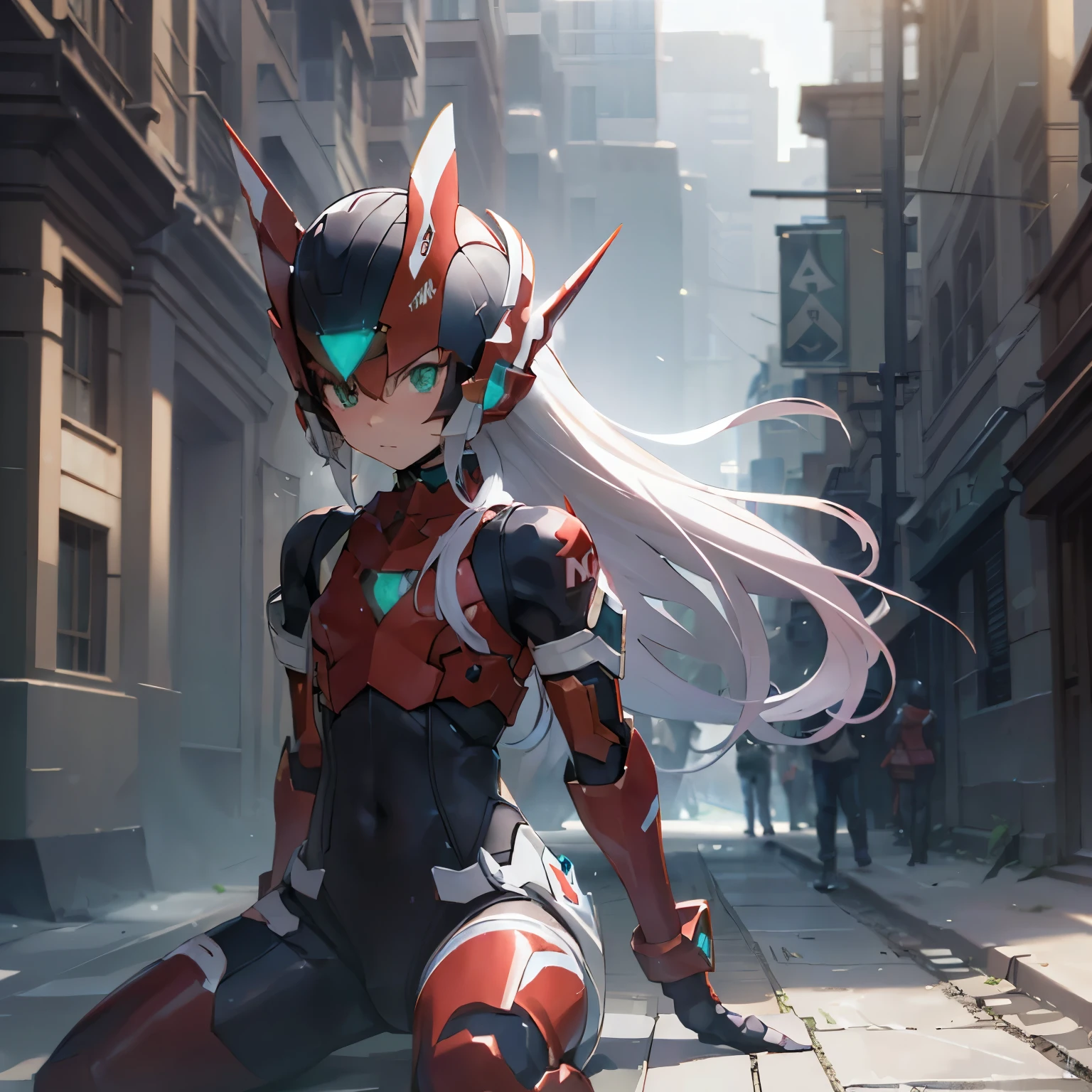 megzeromyth2023, 1boy, long white hair, red armor, green energy sword, 8k, uhd, best quality, masterpiece, sitting on the border of the top of a building Tokyo - bak cyberpunk city at the background, ssci - fi, fantasy, intricate, very very beautiful, elegant, neon light, highly detailed, digital painting, artstation, concept art, human anatomy, soft light, smooth, illustration, by tian zi and artgerm and greg rutkowski and alphonse mucha and loish and WLOP