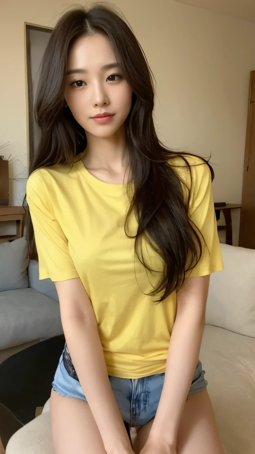((top-quality、8k、masterpiece:1.3))、Beautiful woman with perfect body:1.4、slim abdomen:1.2、Longhair, normal breast, Highly detailed facial and skin texture, A detailed eye, delicate eyes, double eyelid, (smile), (full body shot), ((computer room)), (sitting on chair), (((wearing yellow casual t-shirt))), looking in front