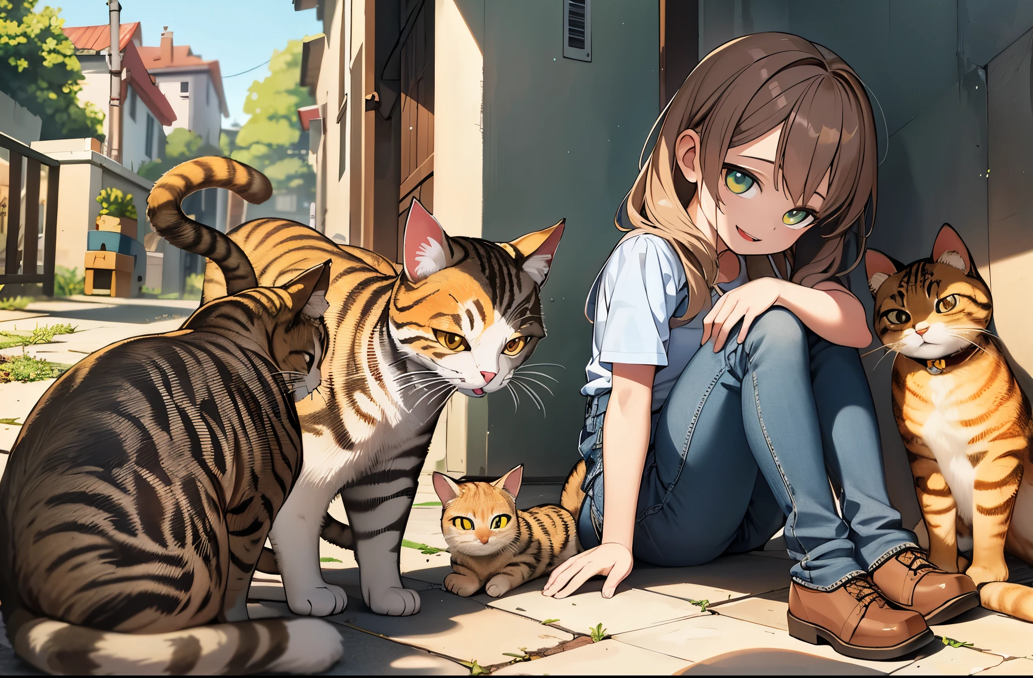 (SFW:1.5),best quality, high resolution, distinct image, (many (detailed) little cats) and one girl:1.3), wearing Jeans, focus on cat, little (detailed) cats around girl,background is back alley, detasiled sunlight, sitting, girl looking viewer, side view, (cats looking viewer:1.2), sitting on the floor grasping knees, (happy:1.3) , (kitten)