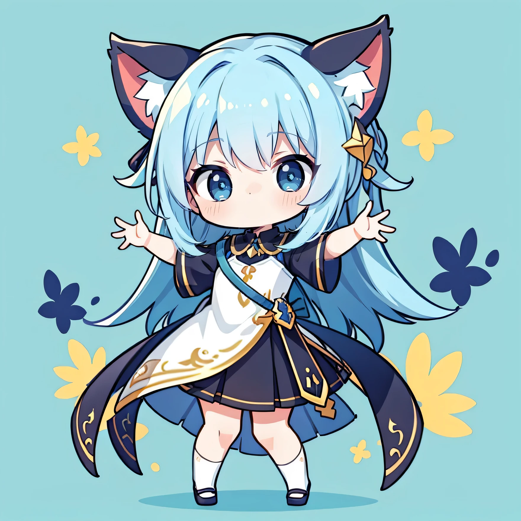 girl, 단발 head, 짧은 커트 head, cat ears, European RPG costume fusion, head: White, SD characters, exciting movement, smile brightly, full body pose, White 배경