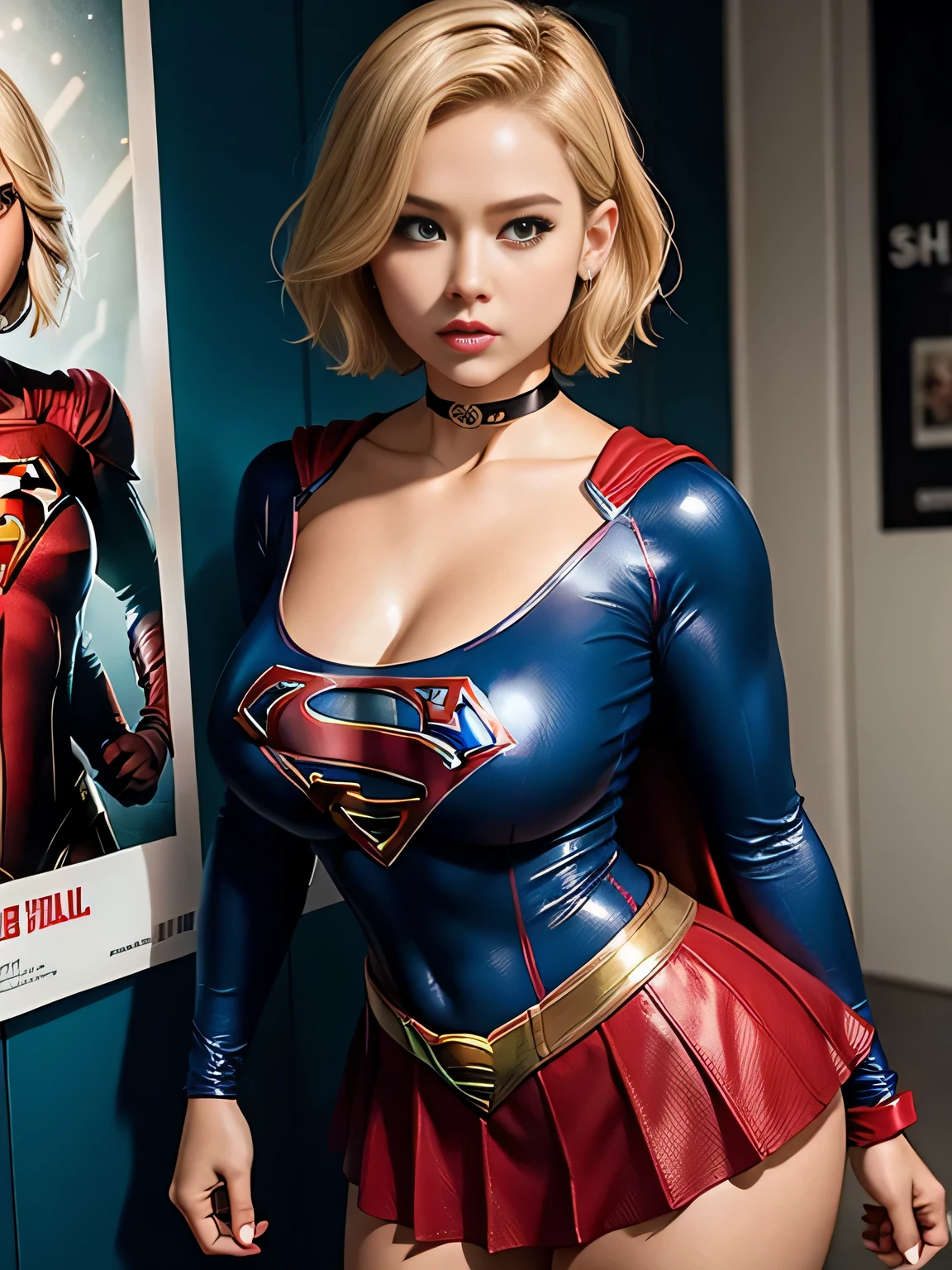masterpiece、Shorthair Supergirl、big and full breasts、look at the camera、shiny costume、choker、red mini skirt、long sleeve、Magazine cover style、obscene pose、Seduce