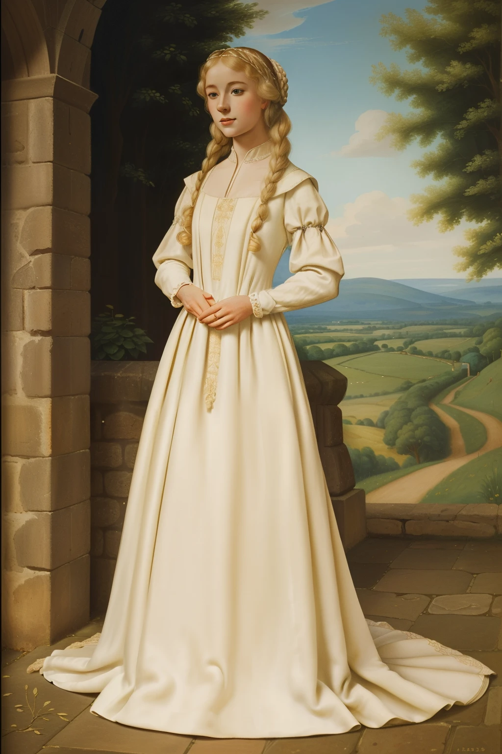 England, 1337. A young ((((25-year-old)) Elizabeth Clerk)), thin, pale, beautiful, watching a piece or art, outdoors, ((admiration expression)). ((((clothings from the 1300s, gown)))), ((blond curly hairstyle of the 1300s))
