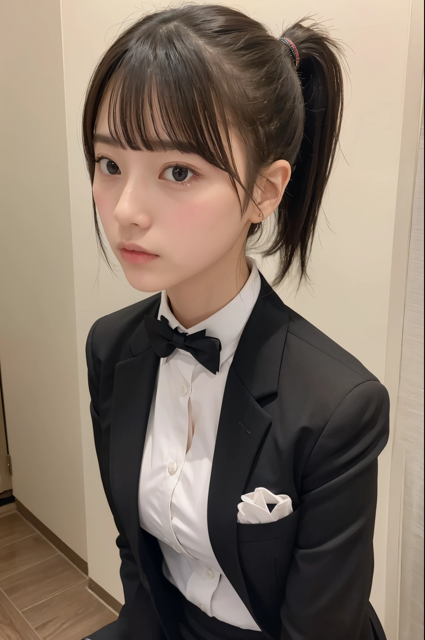 10th generation women、school uniform、high school girl、black blazer、black short skirt、upward glance、ponytail、Hotel