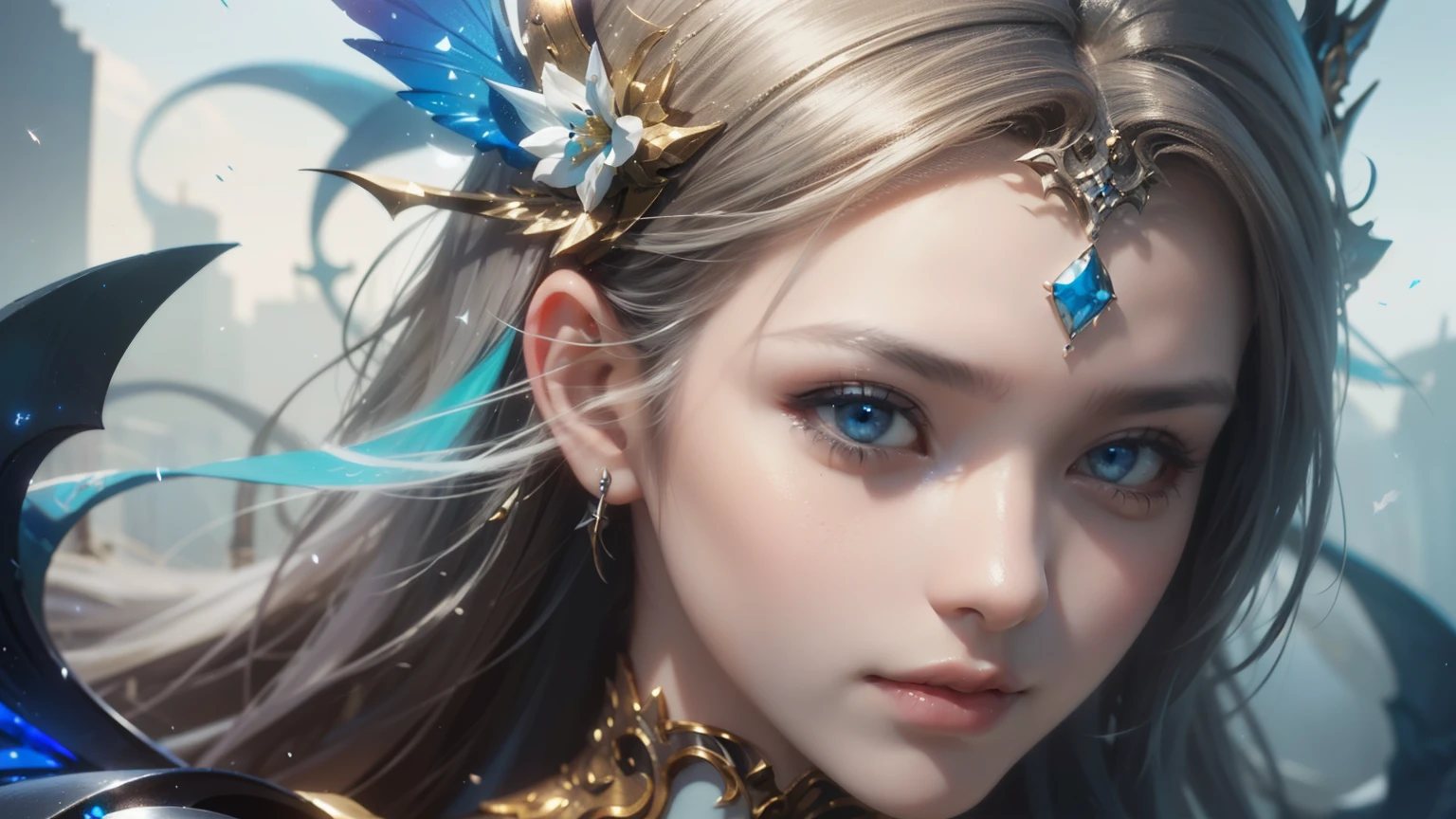 a close up of a woman in a silver and blue dress, chengwei pan on artstation, by Yang J, detailed fantasy art, stunning character art, fanart best artstation, epic exquisite character art, beautiful armor, extremely detailed artgerm, detailed digital anime art, artgerm on artstation pixiv, armor girl