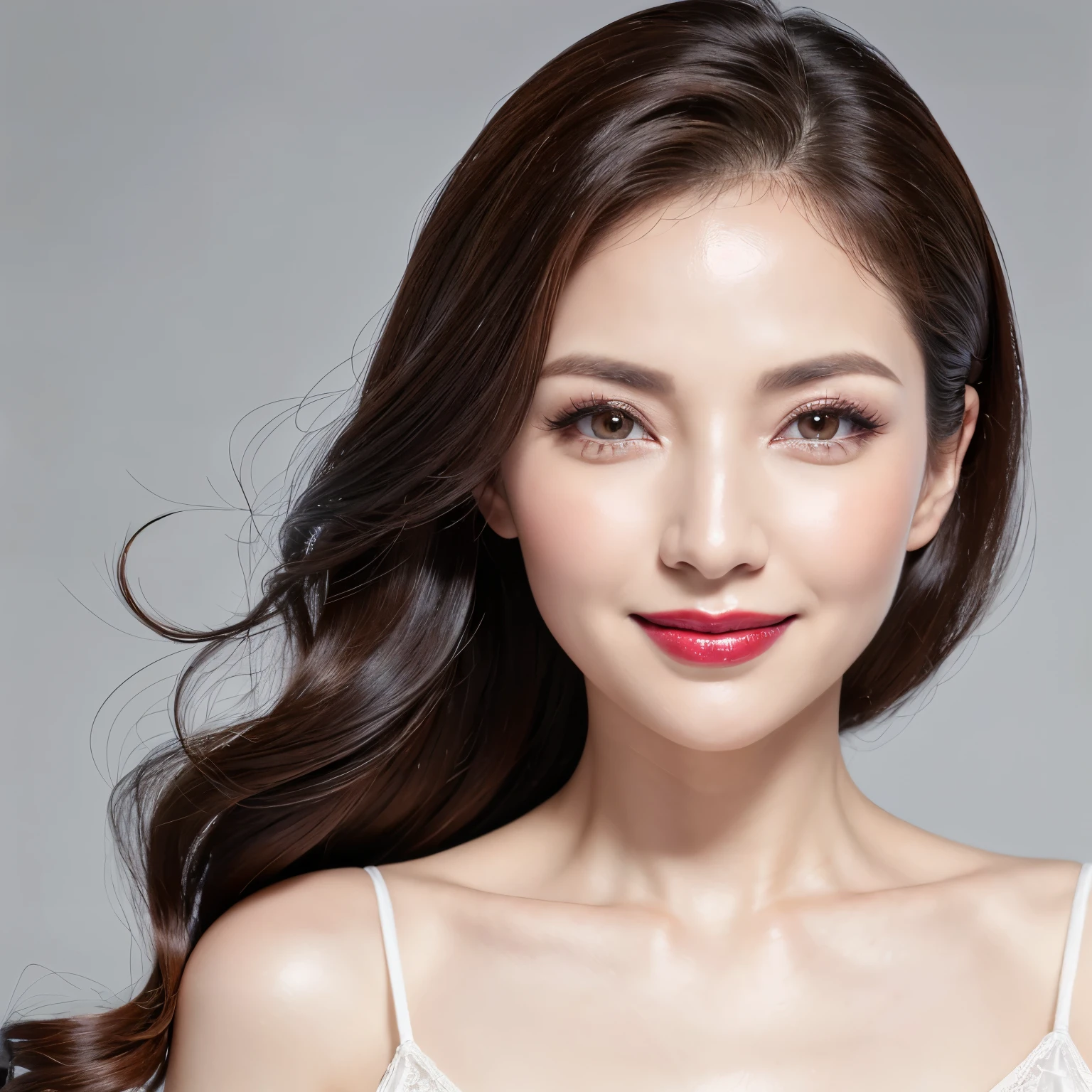((highest quality、8K resolution、master masterpiece、professional photography)), Photoreal、(50 year old beautiful mature woman:1.1), (wrinkled face:1.1)、(solo:1.15)、(classy luxury nightgown:1.3)、(close up of face:1.25)、(pure white background:1.1)、wrinkles around the eyes,stand gracefully、(plump and soft body、clavicle)、(The most elegant and beautiful berry long wavy hair:1.2)、(A bewitching smile looking at me:1.2)、perfect makeup、dark red lipstick、eye shadow、long eyelashes、(Ultra high definition shiny white skin:1.1)、Super high-definition sparkling eyes、Ultra high definition mature woman face、ultra high definition hair、Beautiful skin with ultra-high definition gloss and moisture、Ultra high definition perfect teeth、超高精細のwrinkled face、Ultra high definition natural and perfect cheeks、(accurate anatomy:1.2)