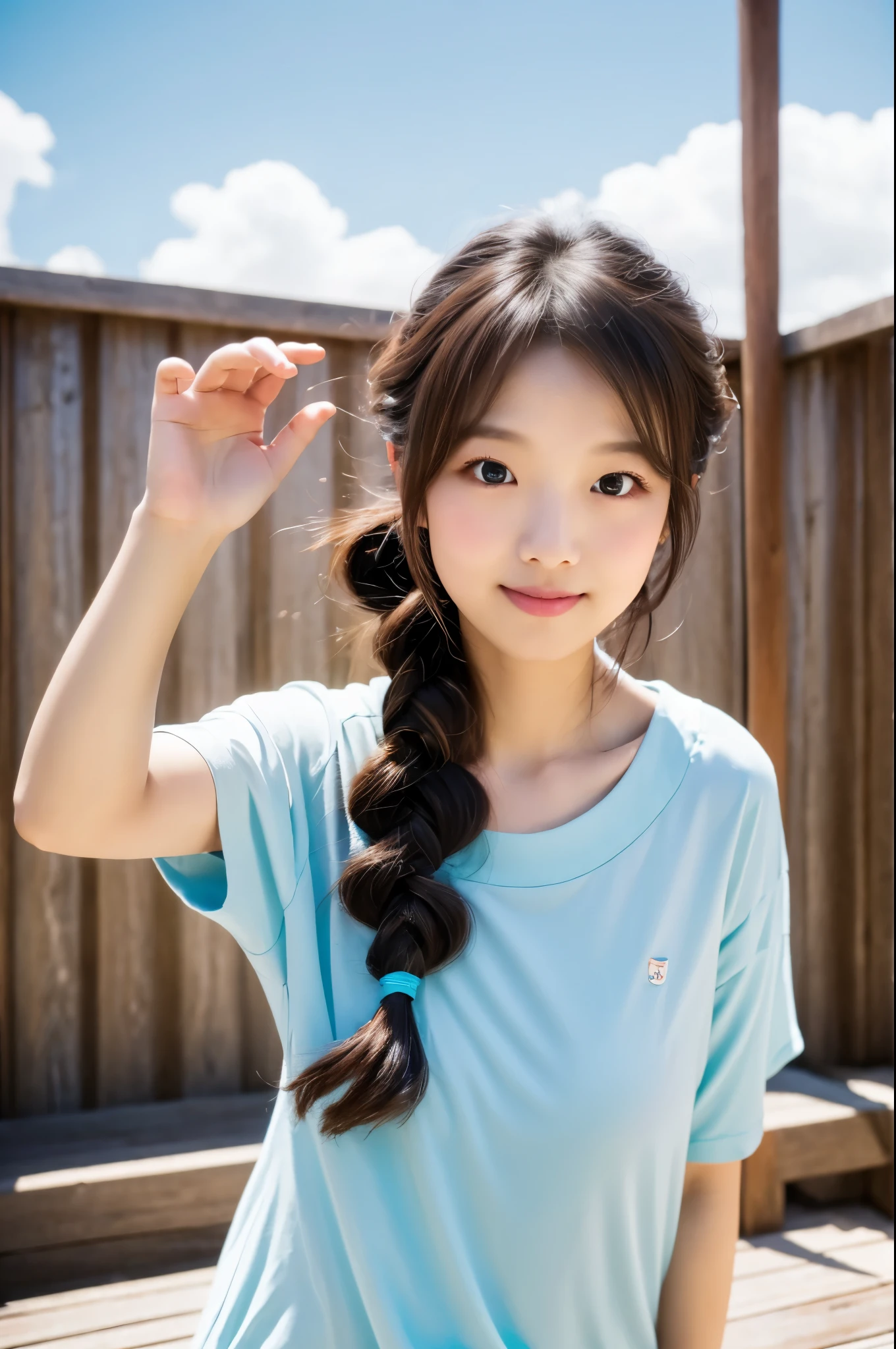 (8k, highest quality, masterpiece: 1.2), (hair_style), (realistic, photorealistic: 1.37), Skinny Japanese lady, 30 years old, plump eyes, highest quality, masterpiece, in the summer sunshine, sky and sea view, shot on wooden deck, [small breasts], backlight, shooting from the waist up, camera angle from bottom to top, pose with hair raked up with hands, shot in natural light from morning to noon, Hairstyles and fashion styles that match the Japan trends of 2023, realistic, super detailed, actress, Japanese model, elaborate CG, slender, adorable, hairstyle matches the fashion of Japan in 2023 layer cut that flutters in the wind, delicate skin type, fine details and softness, model hair color is bright and soft, Choose a short-length T-shirt that matches the summer trends of 2023 and pair it with pale pastel colors for surf fashion.