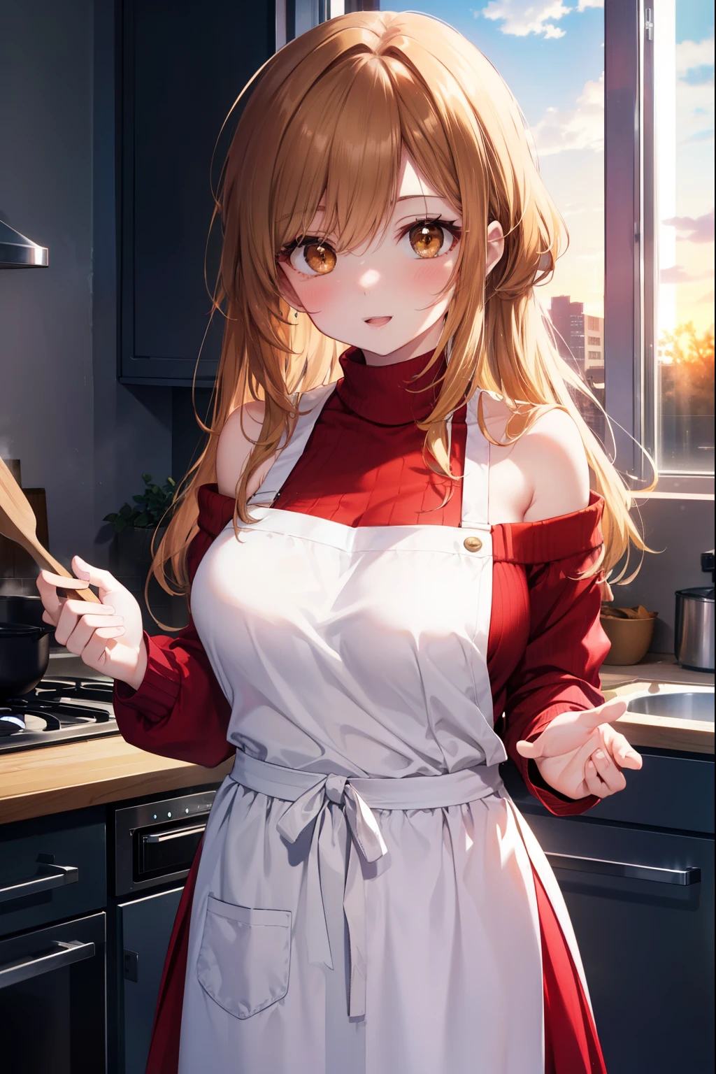 a sun ayuuki, a sun a yuuki, long hair, brown hair, (brown eyes:1.8),blush,smile,open your mouth, big breasts,white off shoulder sweater,bare shoulders,red,long skirt,Pink apron,Cooking in the kitchen、cook stew in a large pot,evening,sunset,
break indoors, kitchen,キッチン
break looking at viewer, (cowboy shot:1.5),
break (masterpiece:1.2), highest quality, High resolution, unity 8k wallpaper, (figure:0.8), (beautiful and fine eyes:1.6), highly detailed face, perfect lighting, Very detailed CG, (perfect hands, perfect anatomy),