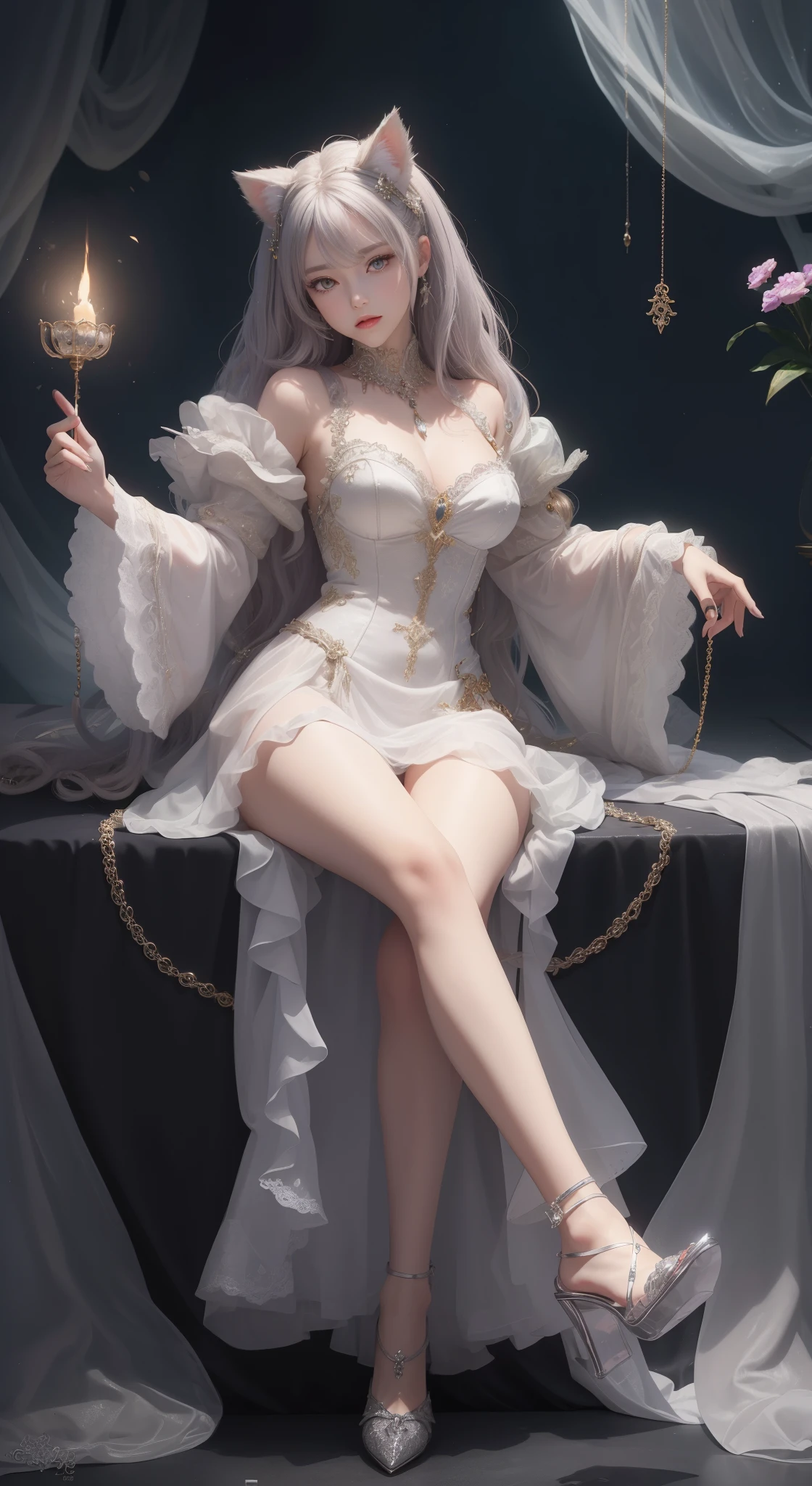 master piece，best image quality，Beautiful bust of noble Cat ears，Cat ear，Delicate silver hairstyle with cat tail，clear golden eyes，A dazzling array of intricate jewelry adorns chunky jewelry, stuffed toyの服。stuffed toy，leather heels，super detailed details，advanced。At pixiv art station，destroy one&#39;s power，，exposed pervert，R-18G black stockings