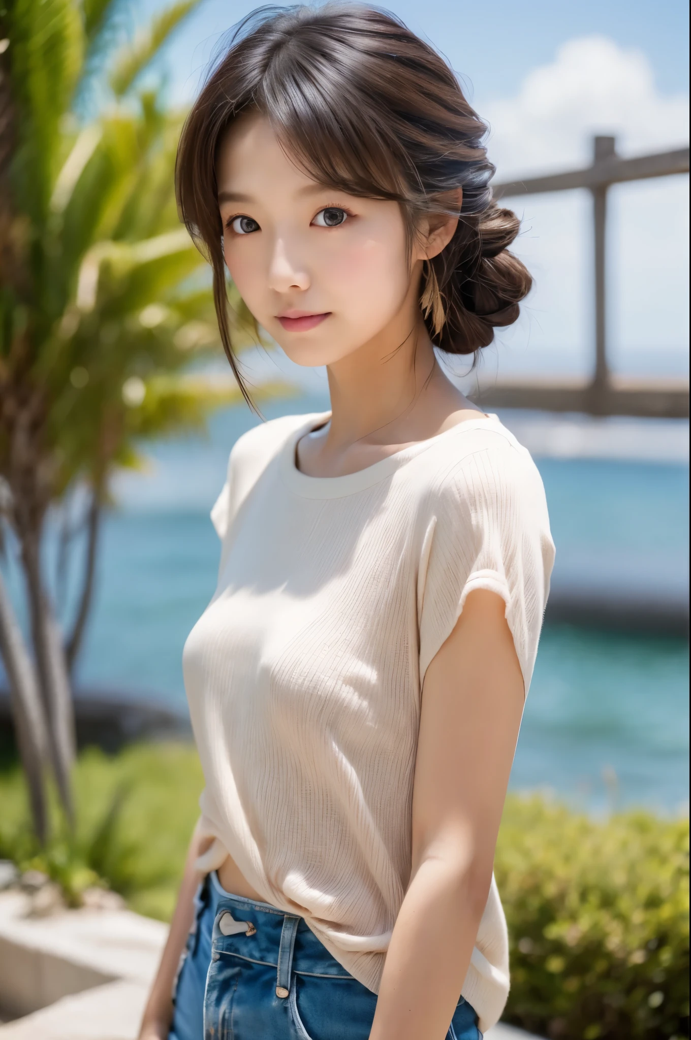 (8k, highest quality, masterpiece: 1.2), (hair_style), (realistic, photorealistic: 1.37), Skinny Japanese lady, 30 years old, plump eyes, highest quality, masterpiece, in the summer sunshine, sky and sea view, shot on wooden deck, [small breasts], backlight, shooting from the waist up, camera angle from bottom to top, pose with hair raked up with hands, shot in natural light from morning to noon, Hairstyles and fashion styles that match the Japan trends of 2023, realistic, super detailed, actress, Japanese model, elaborate CG, slender, adorable, hairstyle matches the fashion of Japan in 2023 layer cut that flutters in the wind, delicate skin type, fine details and softness, model hair color is bright and soft, Choose a short-length T-shirt that matches the summer trends of 2023 and pair it with pale pastel colors for surf fashion.