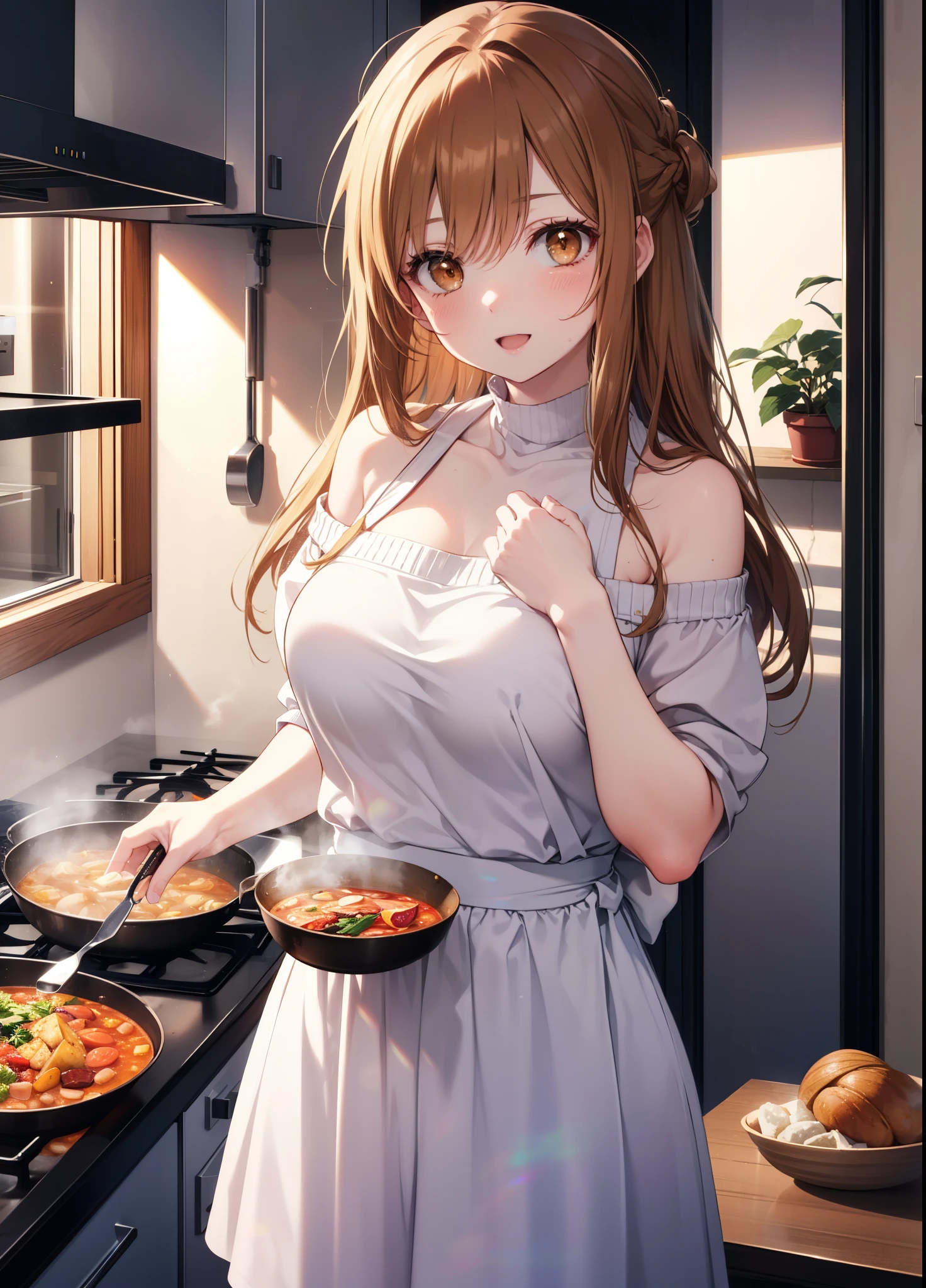 a sun ayuuki, a sun a yuuki, long hair, brown hair, (brown eyes:1.8),blush,smile,open your mouth, big breasts,white off shoulder sweater,bare shoulders,red,long skirt,Pink apron,Cooking in the kitchen、cook stew in a large pot,evening,sunset,
break indoors, kitchen,キッチン
break looking at viewer, (cowboy shot:1.5),
break (masterpiece:1.2), highest quality, High resolution, unity 8k wallpaper, (figure:0.8), (beautiful and fine eyes:1.6), highly detailed face, perfect lighting, Very detailed CG, (perfect hands, perfect anatomy),