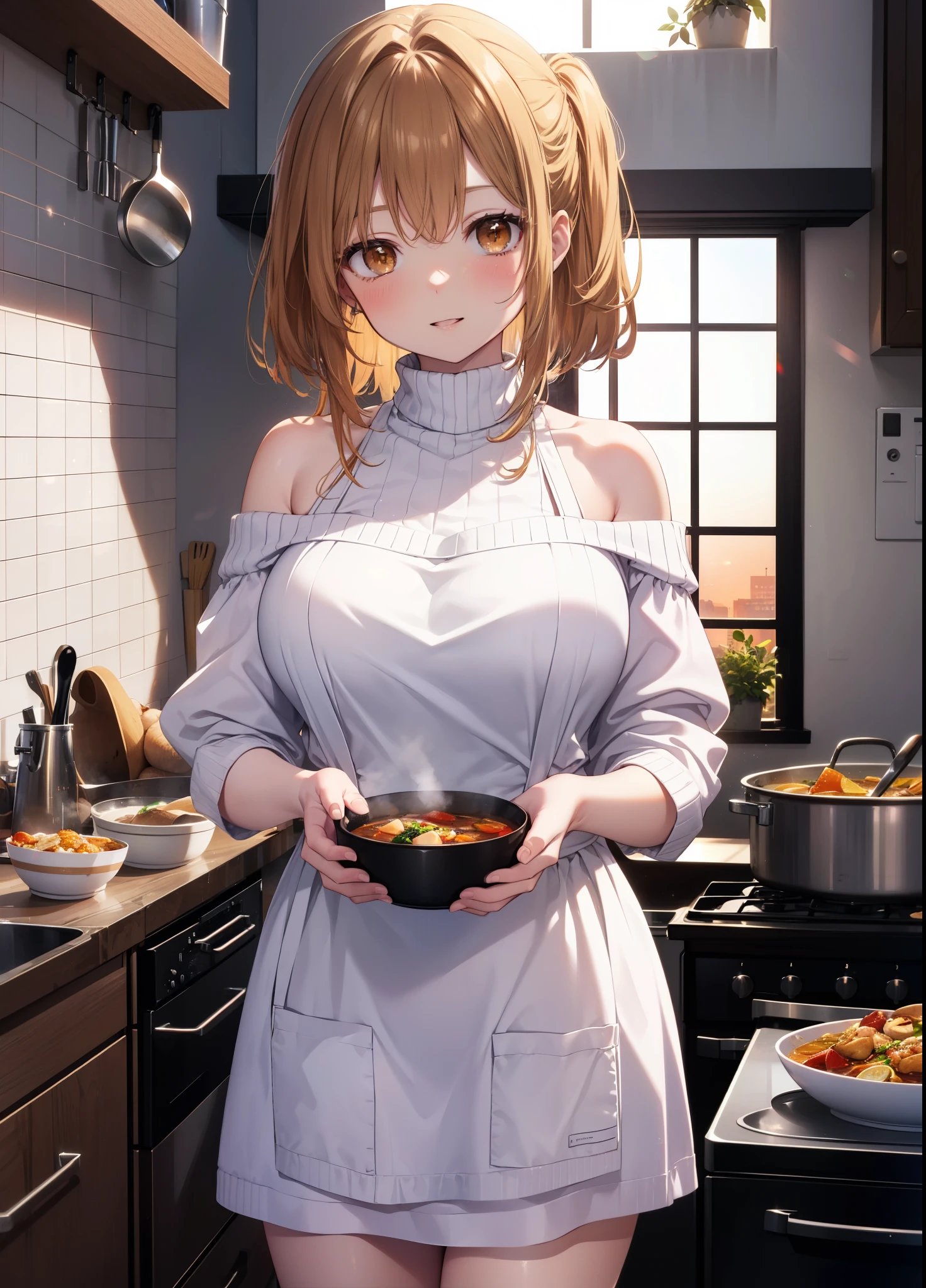 a sun ayuuki, a sun a yuuki, long hair, brown hair, (brown eyes:1.8),blush,smile,open your mouth, big breasts,white off shoulder sweater,bare shoulders,red,long skirt,Pink apron,Cooking in the kitchen、cook stew in a large pot,evening,sunset,
break indoors, kitchen,キッチン
break looking at viewer, (cowboy shot:1.5),
break (masterpiece:1.2), highest quality, High resolution, unity 8k wallpaper, (figure:0.8), (beautiful and fine eyes:1.6), highly detailed face, perfect lighting, Very detailed CG, (perfect hands, perfect anatomy),