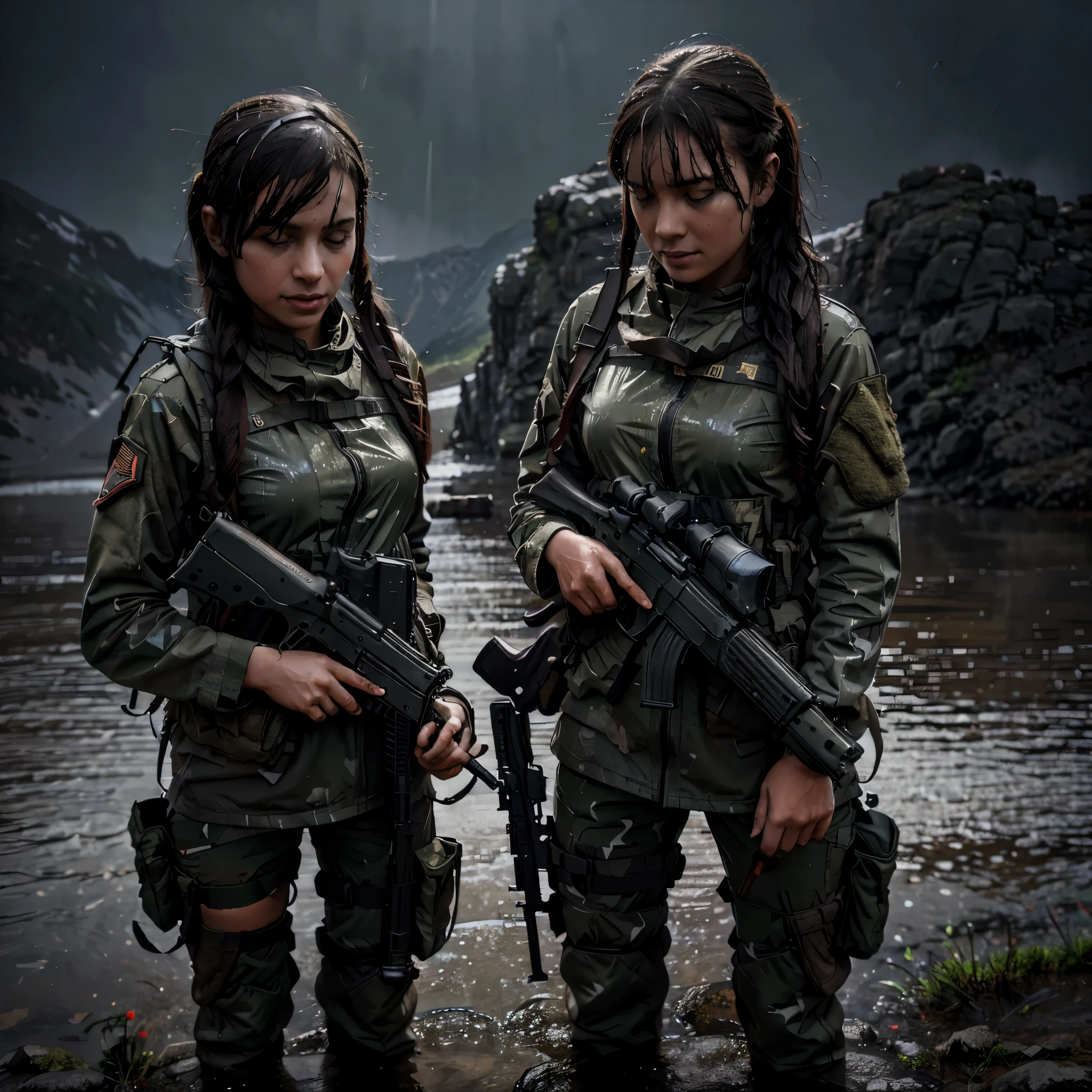 Two girls in army uniforms and AK47 rifles are standing on the rainy mountain and their clothes are wet