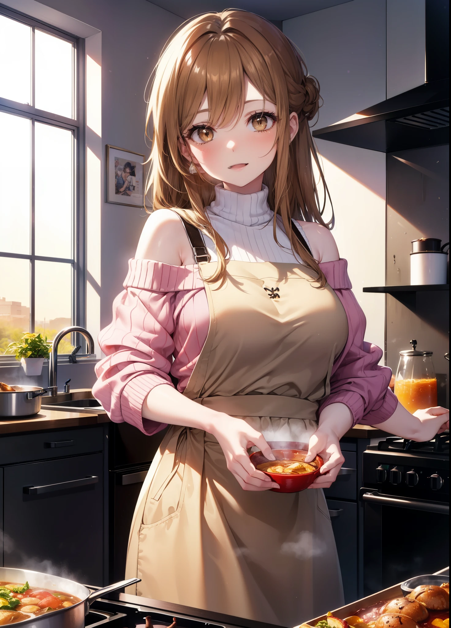 a sun ayuuki, a sun a yuuki, long hair, brown hair, (brown eyes:1.8),blush,smile,open your mouth, big breasts,white off shoulder sweater,bare shoulders,red,long skirt,Pink apron,Cooking in the kitchen、cook stew in a large pot,evening,sunset,
break indoors, kitchen,キッチン
break looking at viewer, (cowboy shot:1.5),
break (masterpiece:1.2), highest quality, High resolution, unity 8k wallpaper, (figure:0.8), (beautiful and fine eyes:1.6), highly detailed face, perfect lighting, Very detailed CG, (perfect hands, perfect anatomy),