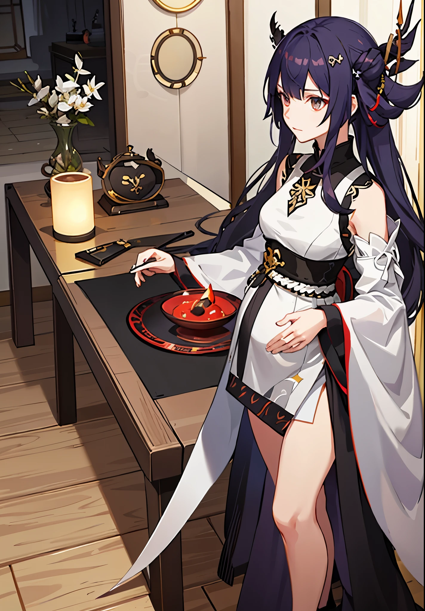 a woman in a dress holding a dagger and a dagger, video game character, from arknights, fox nobushi holding a dagger, hajime yatate, keqing from genshin impact, random haired deity, with small sword, ayaka genshin impact, female action anime girl, official character art, anime character, pregnant anime girl, fetus, random hair color