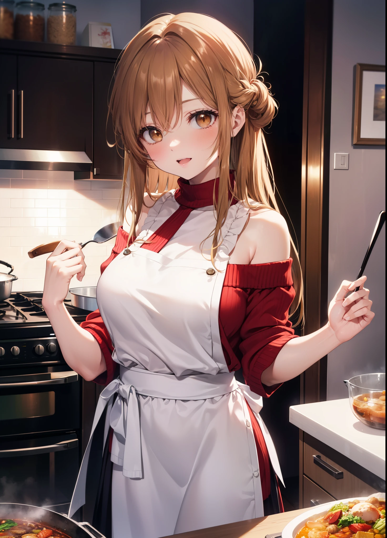 a sun ayuuki, a sun a yuuki, long hair, brown hair, (brown eyes:1.8),blush,smile,open your mouth, big breasts,white off shoulder sweater,bare shoulders,red,long skirt,Pink apron,Cooking in the kitchen、cook stew in a large pot,evening,sunset,
break indoors, kitchen,キッチン
break looking at viewer, (cowboy shot:1.5),
break (masterpiece:1.2), highest quality, High resolution, unity 8k wallpaper, (figure:0.8), (beautiful and fine eyes:1.6), highly detailed face, perfect lighting, Very detailed CG, (perfect hands, perfect anatomy),