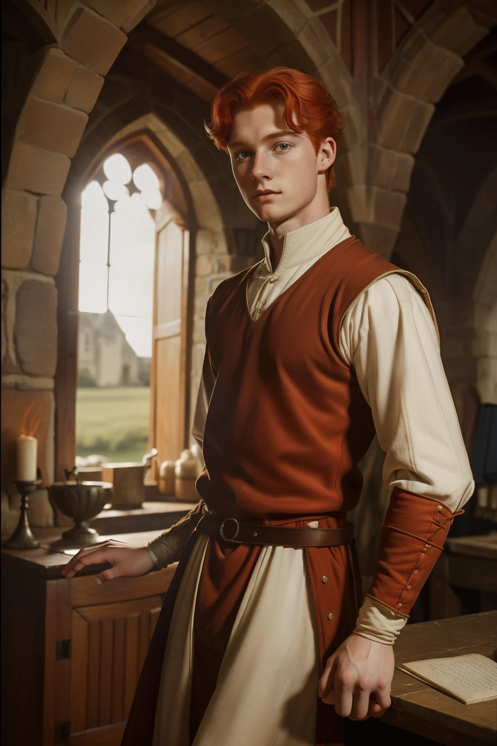England, 1337. A young ((((21-year-old)) Merthin Fitzgerald)), handsome, athletic, at home, ((scared panic expression)). ((((clothings from the 1300s)))), ((redhead hairstyle of the 1300s))
