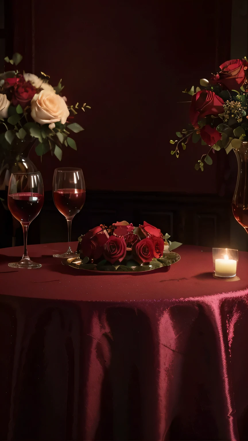 (best quality,4k,8k,highres,masterpiece:1.2),ultra-detailed,(realistic,photorealistic,photo-realistic:1.37),rosy background,beautiful roses,delicate wine glasses,romantic atmosphere,vibrant colors,soft lighting,subtle shadows,floral patterned tablecloth,reflection on wine glasses,fine details,impeccable textures,expressive petals,luxurious ambiance,love-themed aesthetics,exquisite bouquet,heart-shaped decorations,crimson red roses,glistening wine,celebratory mood,lovingly arranged arrangement,fine wine selection,elegant stems,meticulously crafted glasses,glimmering candlelight,pleasant fragrance,indulgent celebration