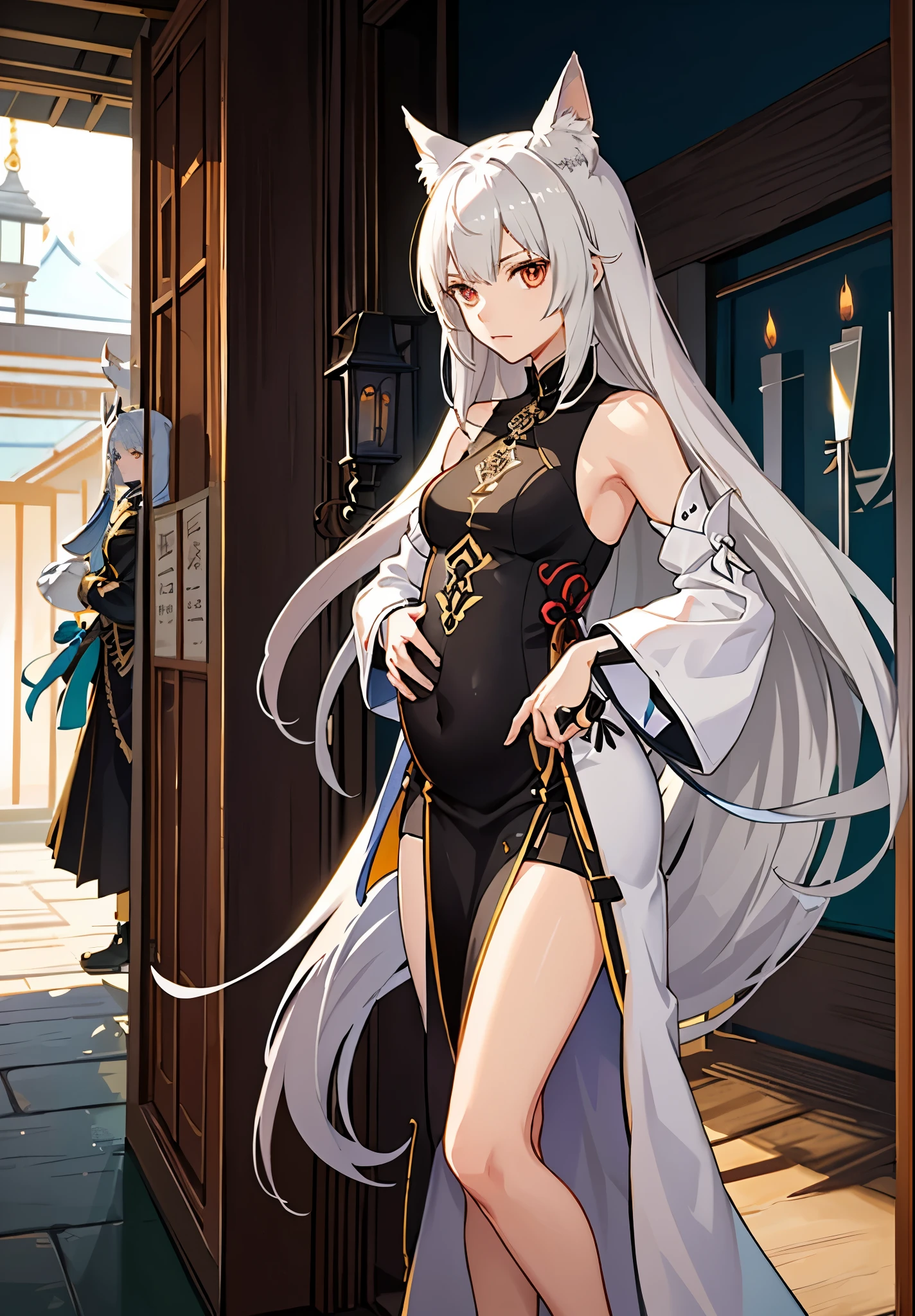 a woman in a dress holding a dagger and a dagger, video game character, from arknights, fox nobushi holding a dagger, hajime yatate, keqing from genshin impact, random haired deity, with small sword, ayaka genshin impact, female action anime girl, official character art, anime character, pregnant anime girl, fetus, random hair color