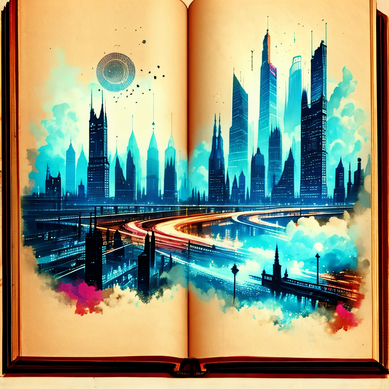 Old book style ink illustration,On parchment,no humans,Blank scroll,City silhouette