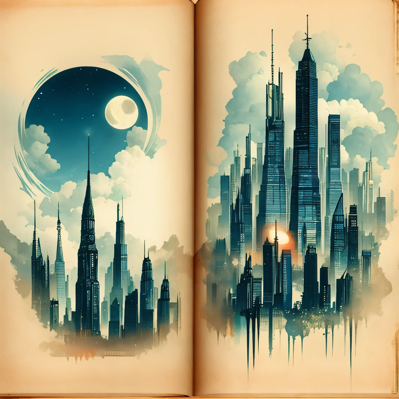 Old book style ink illustration,On parchment,no humans,Blank scroll,City silhouette