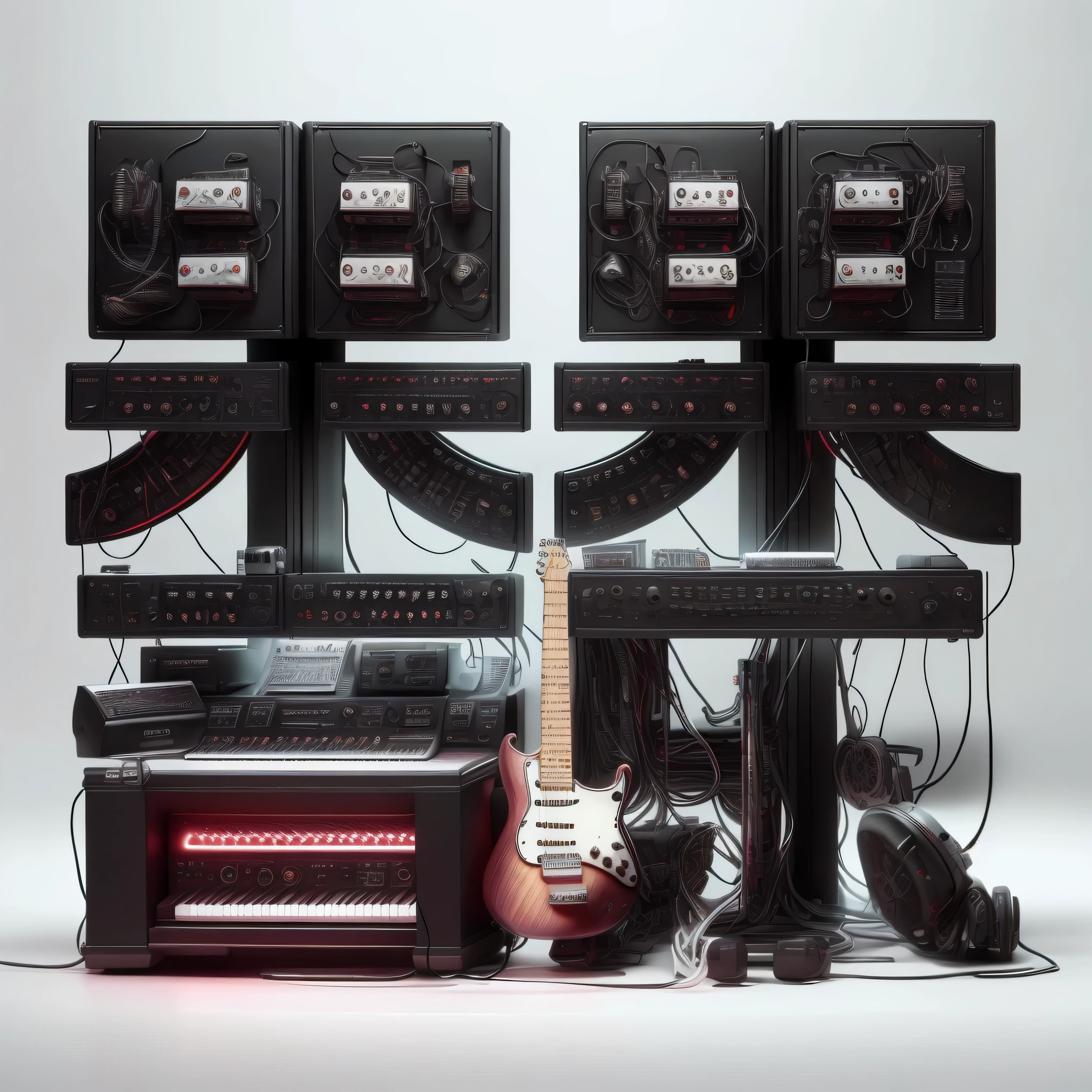 masterpiece,best quality,super detailed,Small stage,band,microphone,electric guitar,mixer,vocal,keyboard,dark gothic pattern,earphone,Colored lights