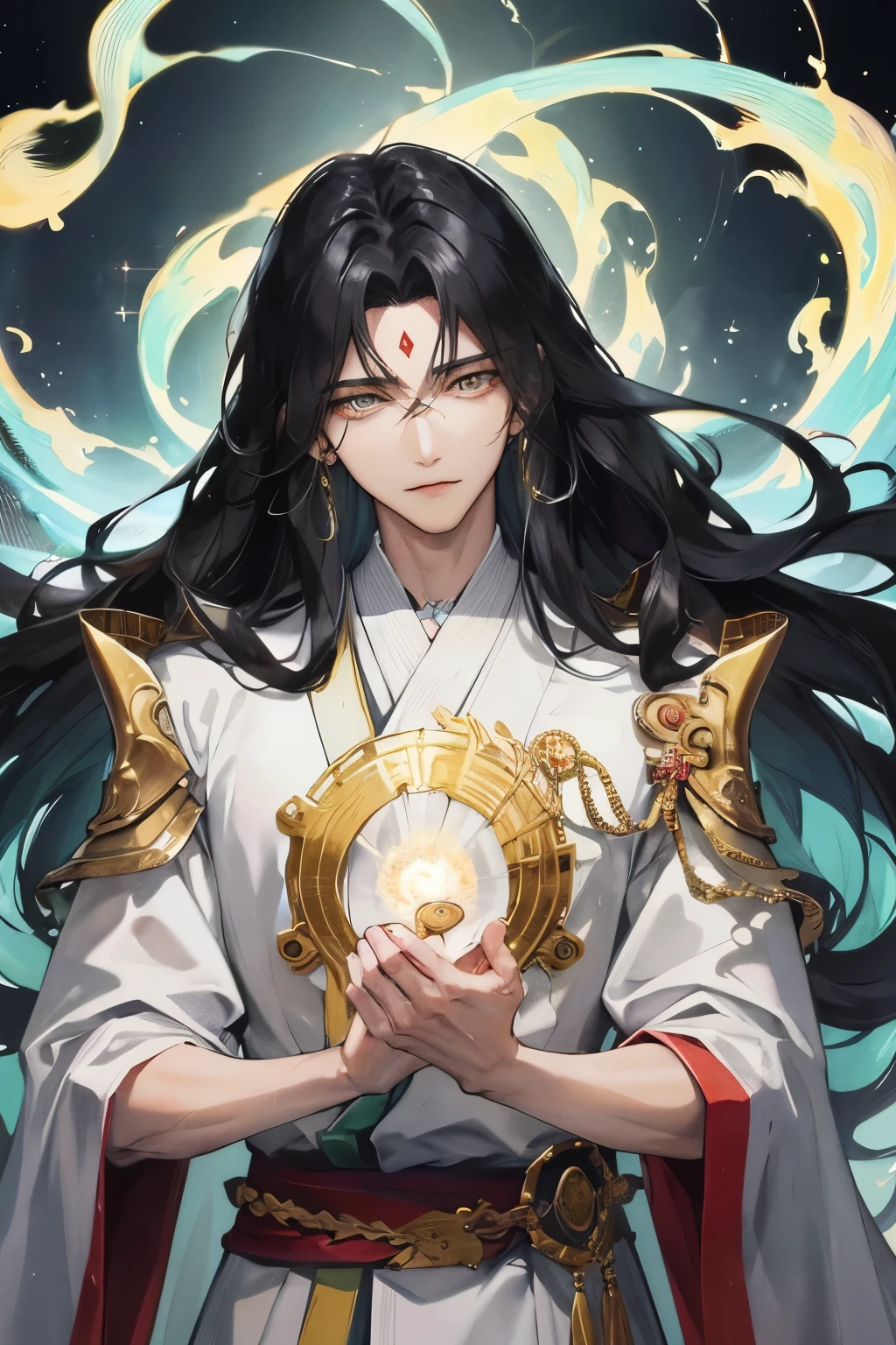 God of Fate, Sarutahiko, a majestic and powerful deity, is depicted in this astonishing masterpiece. With the highest level of detail and precision, this anime-style illustration showcases the god's commanding presence and exquisite features. Standing tall and proud, Sarutahiko possesses long, wavy hair cascading down his shoulders, framing his face with swept bangs that add a touch of mystery. His golden eyes, shimmering like precious gems, captivate the viewer with their mesmerizing gaze. A gentle smile graces his lips, radiating a sense of modernity and warmth. Clad in modern attire that complements his divine aura, Sarutahiko is depicted hugging a young boy with short, messy black hair and a simple