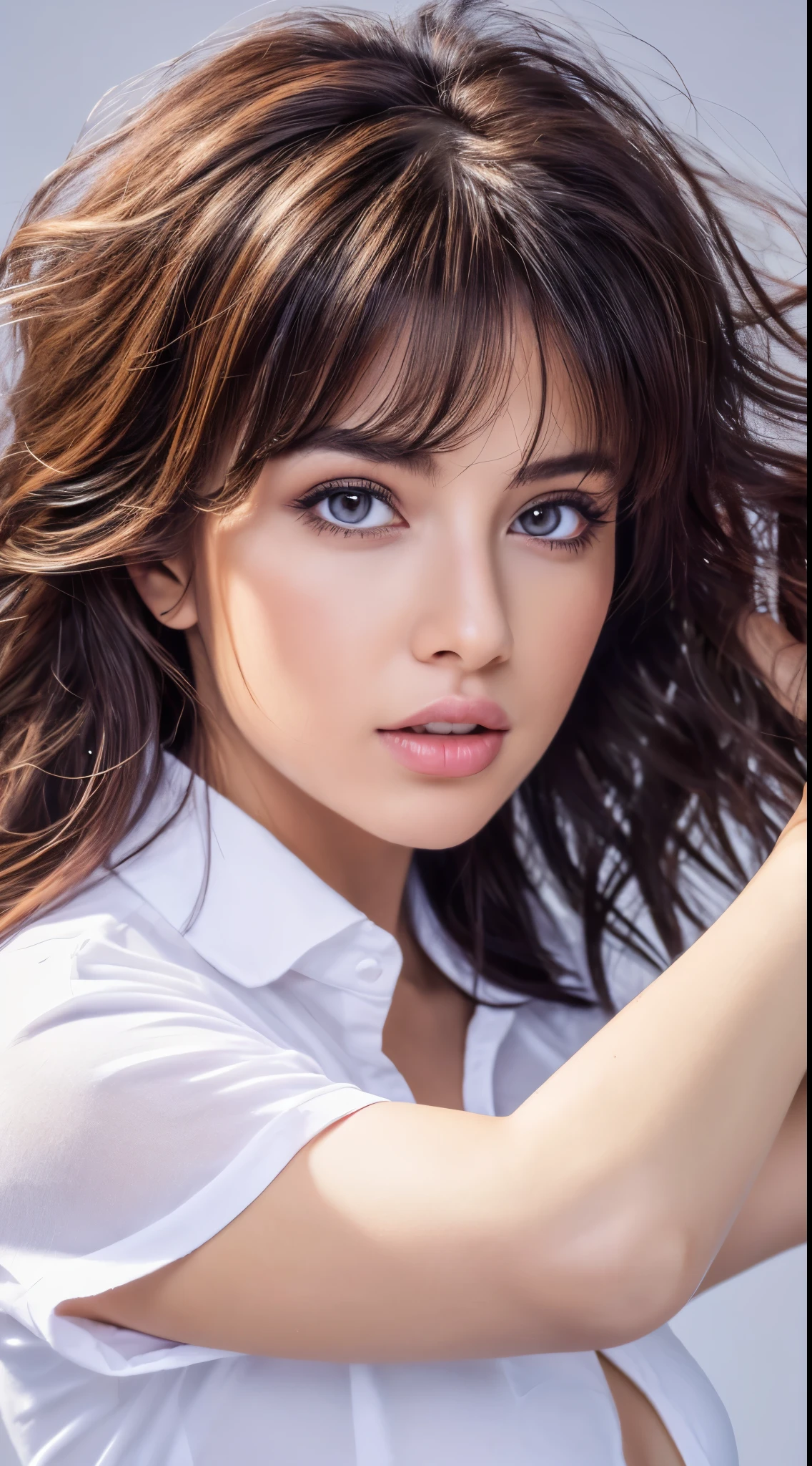 (Best quality,4K,high resolution,Masterpiece:1.2), Ultra-detailed, photo-realistic, Messy hair, Disheveled hair, Girl with heterochromia, Playful expression, Low-cut white shirt, Tiptoeing, Long legs, professional, Portrait, Beautiful detailed eyes, Strong gaze, Sharp focus, Vibrant colors, Studio lighting.