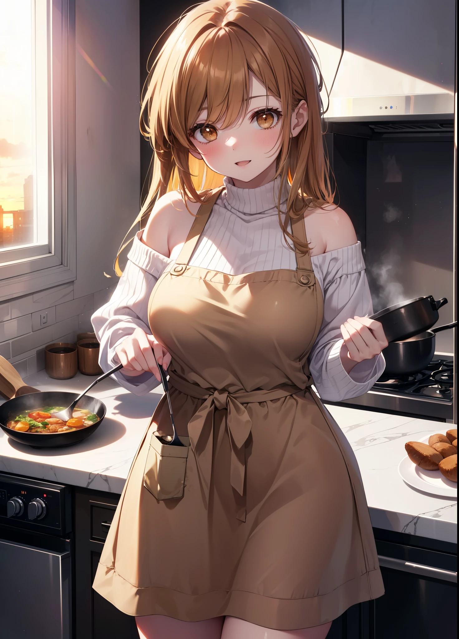 a sun ayuuki, a sun a yuuki, long hair, brown hair, (brown eyes:1.8),blush,smile,open your mouth, big breasts,white off shoulder sweater,bare shoulders,red,long skirt,Pink apron,Cooking in the kitchen、cook stew in a large pot,evening,sunset,
break indoors, kitchen,キッチン
break looking at viewer, (cowboy shot:1.5),
break (masterpiece:1.2), highest quality, High resolution, unity 8k wallpaper, (figure:0.8), (beautiful and fine eyes:1.6), highly detailed face, perfect lighting, Very detailed CG, (perfect hands, perfect anatomy),