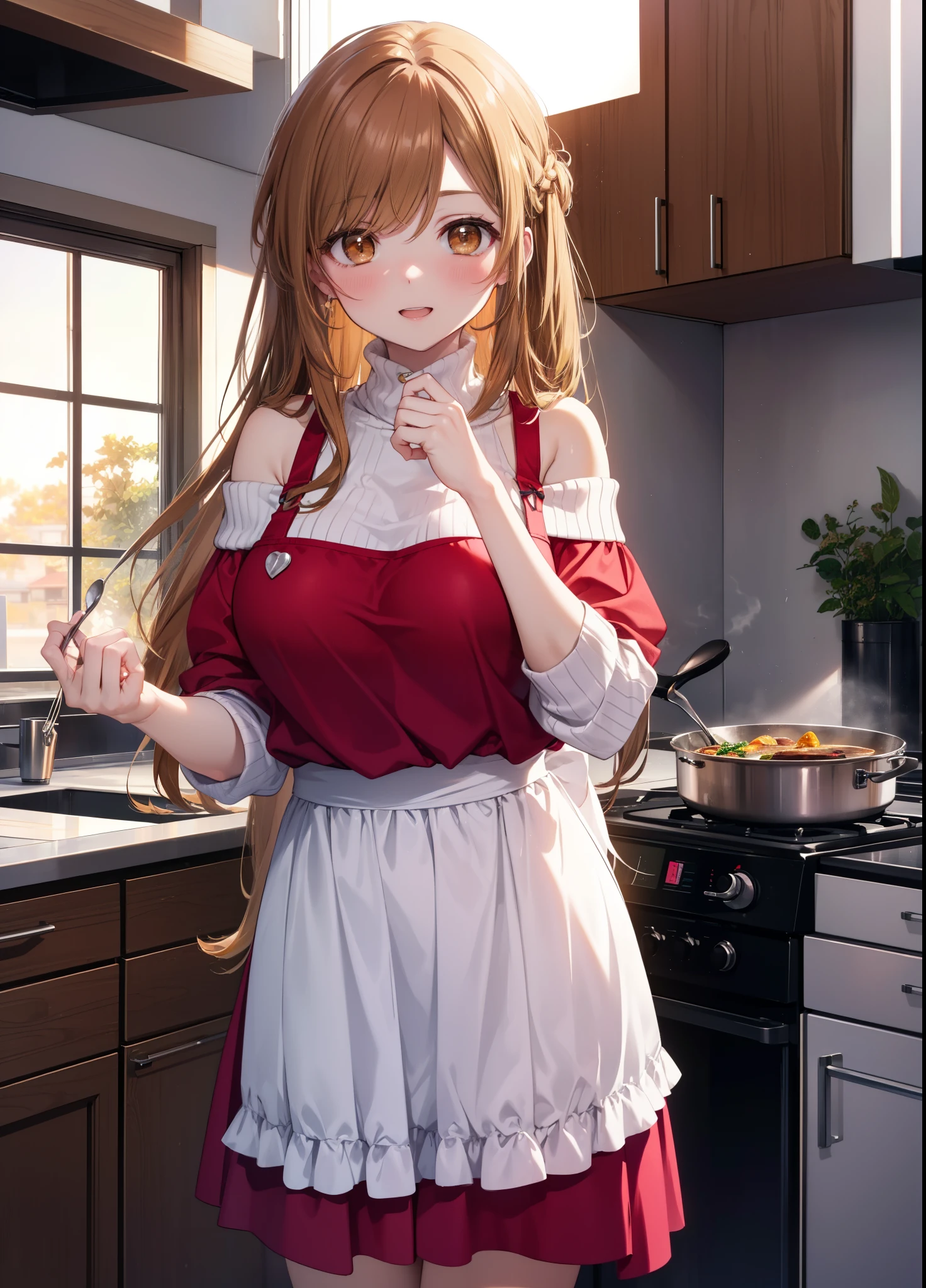 a sun ayuuki, a sun a yuuki, long hair, brown hair, (brown eyes:1.8),blush,smile,open your mouth, big breasts,white off shoulder sweater,bare shoulders,red,long skirt,Pink apron,Cooking in the kitchen、cook stew in a large pot,evening,sunset,
break indoors, kitchen,キッチン
break looking at viewer, (cowboy shot:1.5),
break (masterpiece:1.2), highest quality, High resolution, unity 8k wallpaper, (figure:0.8), (beautiful and fine eyes:1.6), highly detailed face, perfect lighting, Very detailed CG, (perfect hands, perfect anatomy),