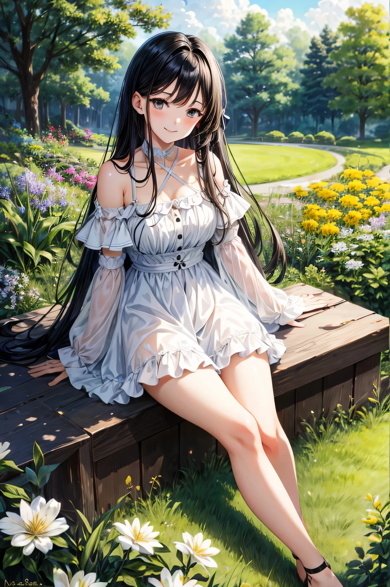 HDR , high quality , cute girl , sitting on grass , focus on person , garden , detailed background , off shoulder dress , sexy , thigh , long black hair , medium breast ,blush and smile , soft light