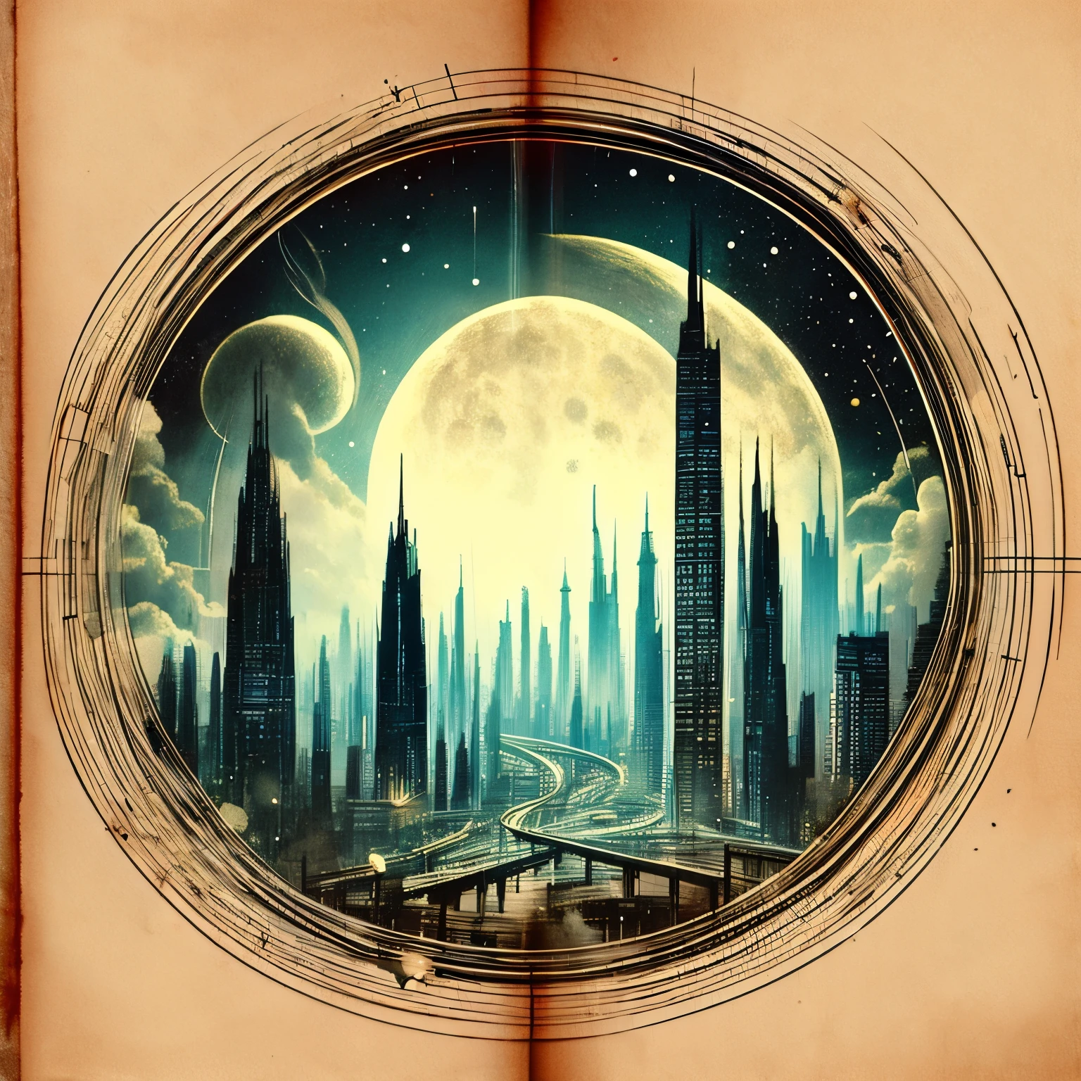Old book style ink illustration,On parchment,no humans,Blank scroll,City