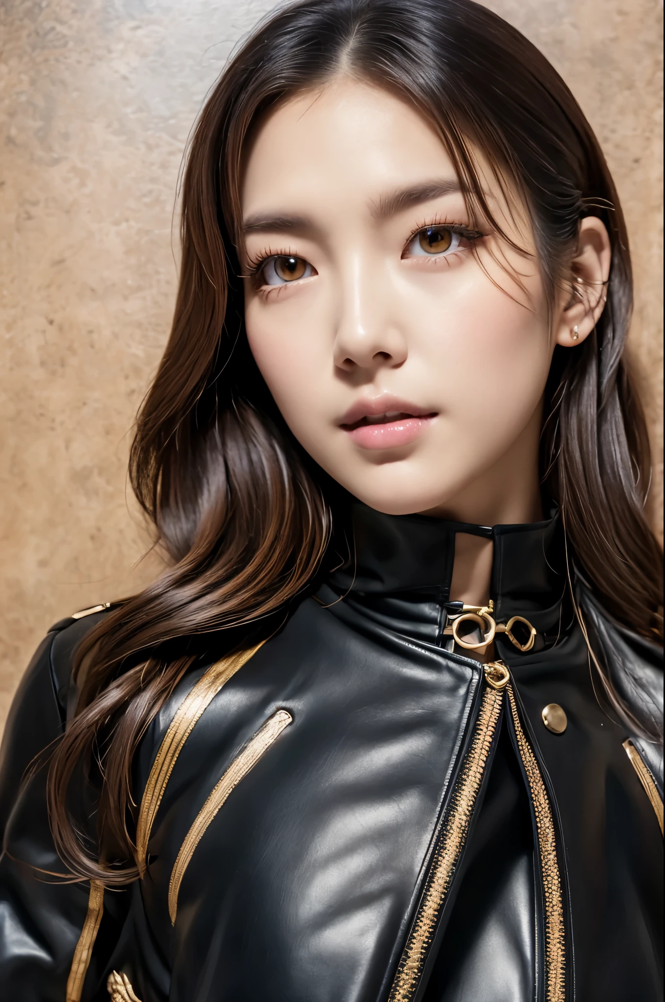 (Detailed illustrations,Very detailed and detailed drawing,Delicate lines with slow and rapid,Realistic texture expression),[Color tressed main line],[Briefing Room Background],(JapaneseGirl (Beautiful fece) Cyborg 30 years old) [Wild Hair]) well-muscled, Both arms of the machine [Built-in V8 engine:0.3],(Black leather jacket) (Translucent rubber inner),[[Chrome coating:0.5]],(Science Fiction Mechanical [Bioengineering]),(Intricate and beautiful decoration [Dense detail]),(Fine and beautiful skin expression [Transparency]),[Perfect eye details (Iris beautifully drawn in every detail)[Jewel-like eyes]],[long and beautiful eyelashes],[Meticulously drawn hair [More on beautiful and shiny hair]],(Perfect hand details [Beautiful fingers without breakdowns [Beautiful nails]]),(Perfect Anatomy (Perfectly proportioned)) [[Full body like]],[Ideal color coordination(Accurate simulation of light-material interactions)],(HighQuality,[Precision Detail] hight resolution,(detaileds,high-detail)),[Visual art that conveys a sense of narrative].